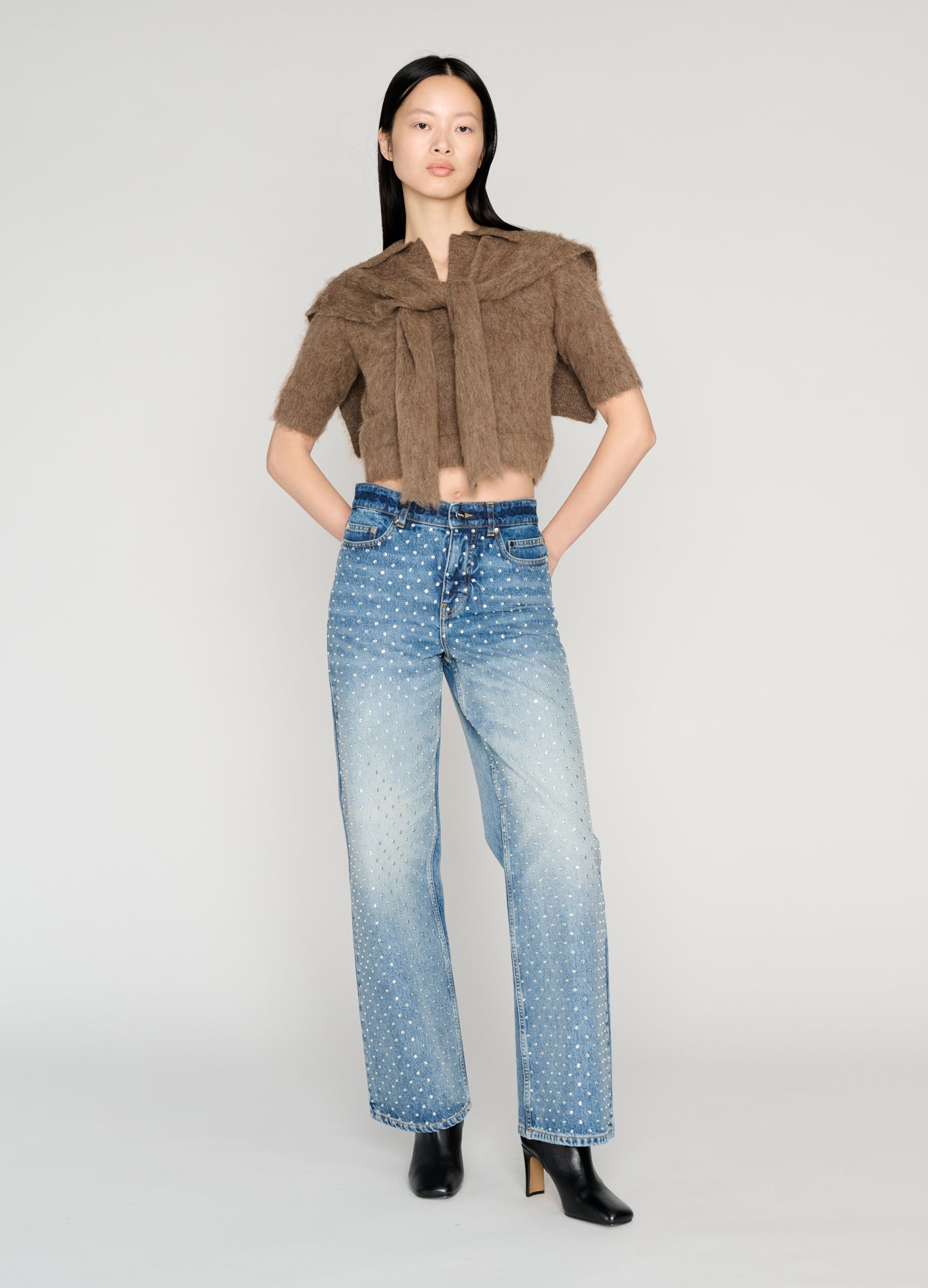 MONSE Cropped Polo Knit With Scarf in brown on model style full front view