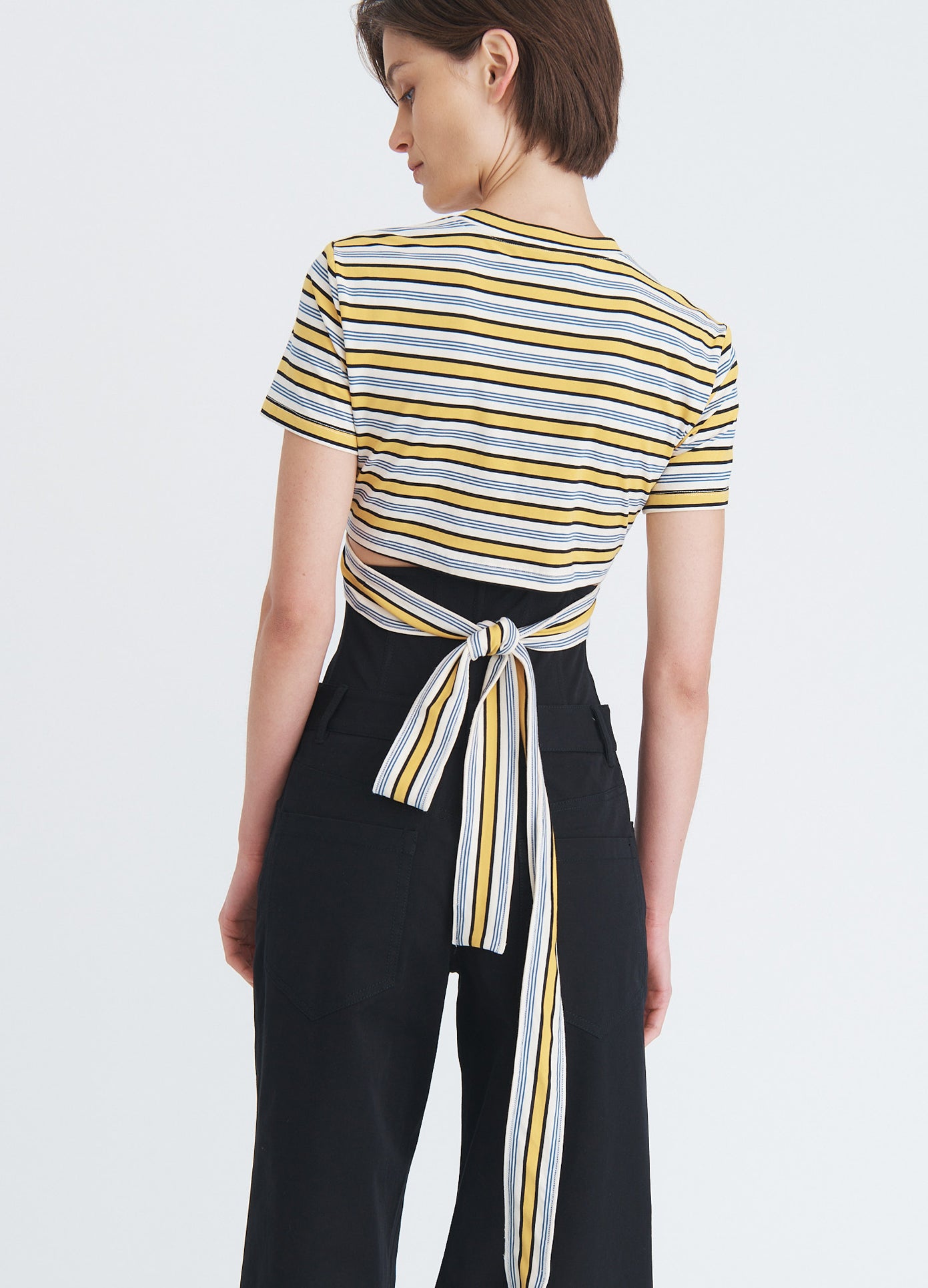 MONSE Cropped Tie T-Shirt in yellow and navy on model back view