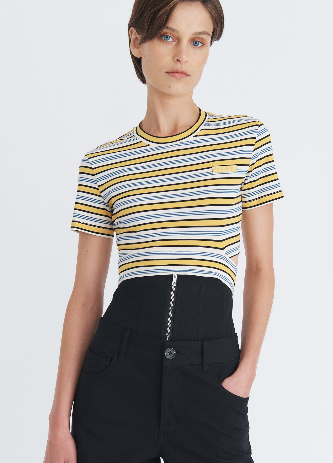 MONSE Cropped Tie T-Shirt in yellow and navy on model front view