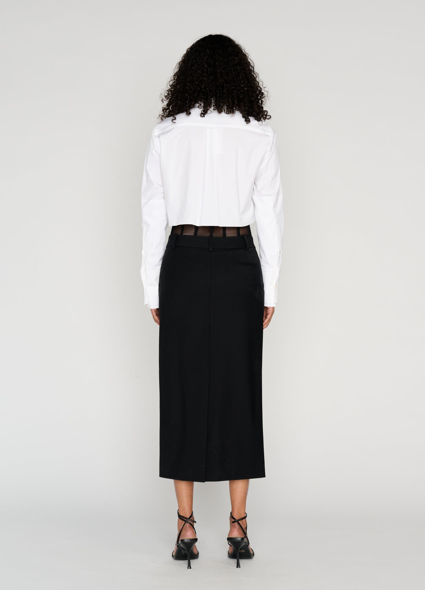 MONSE Cropped Tuxedo Shirt in ivory on model full back view