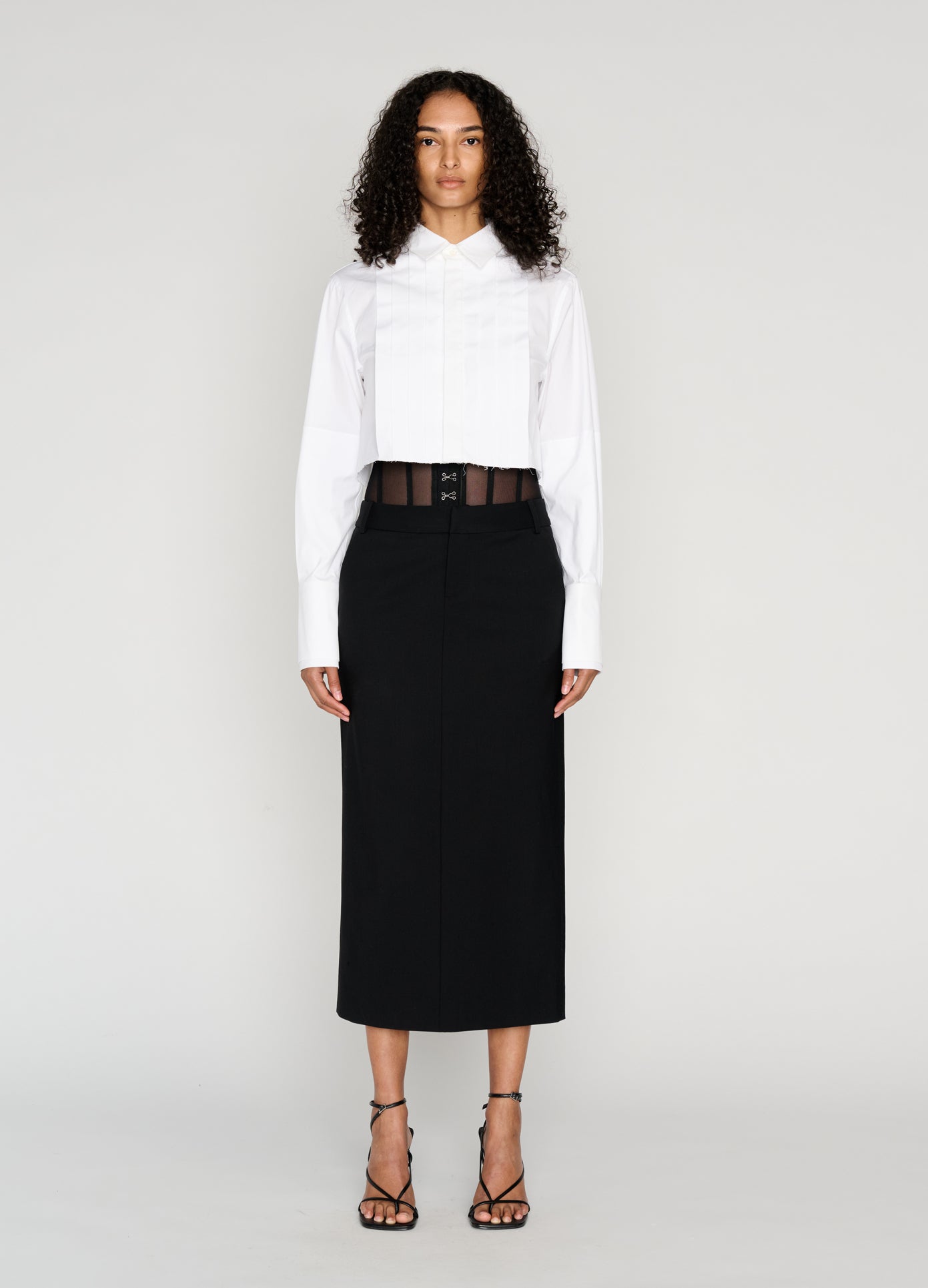MONSE Cropped Tuxedo Shirt in ivory on model full front view
