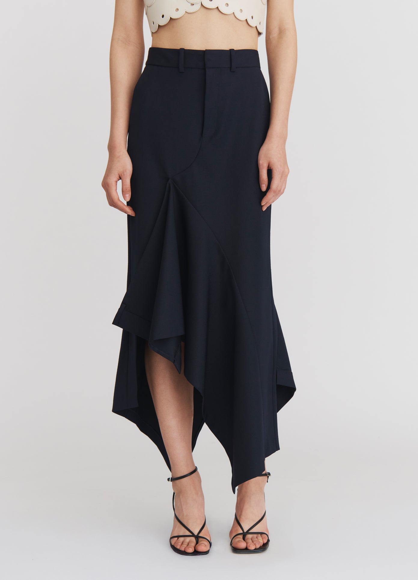 MONSE Deconstructed Cascade Skirt in Midnight on model front detail view