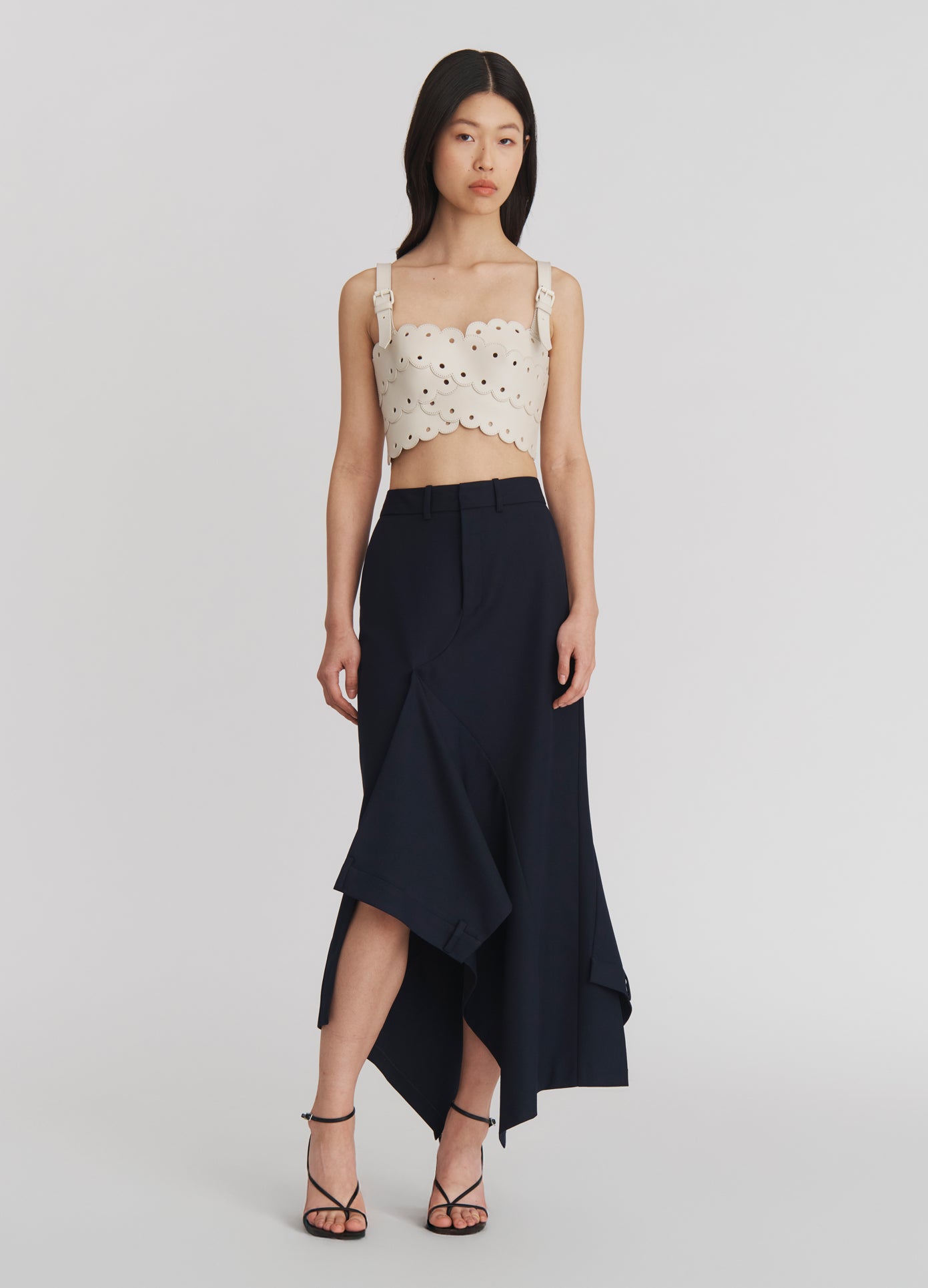 MONSE Deconstructed Cascade Skirt in Midnight on model full front view