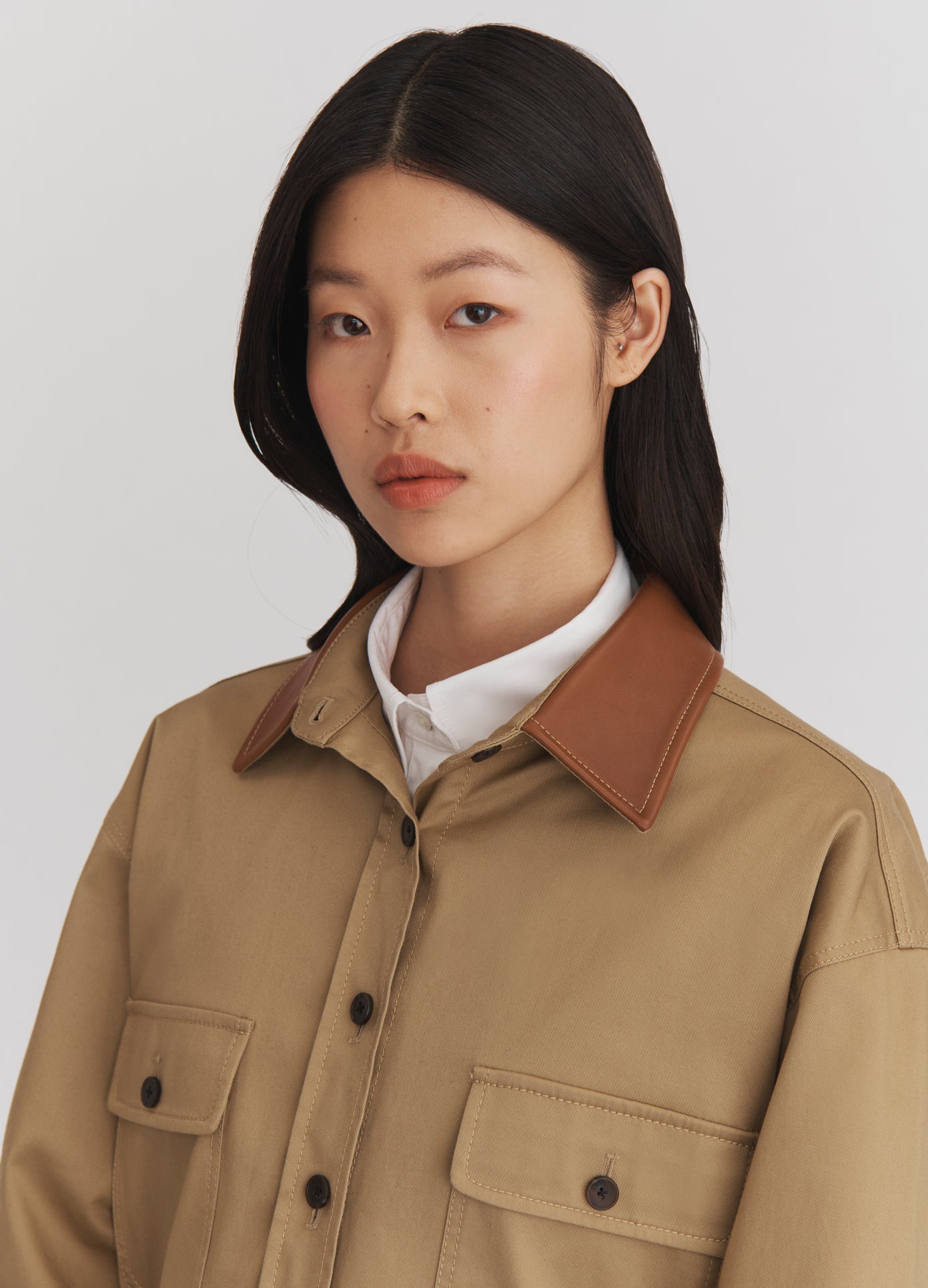 MONSE Deconstructed Combo Cargo Jacket in Khaki on model front detail view