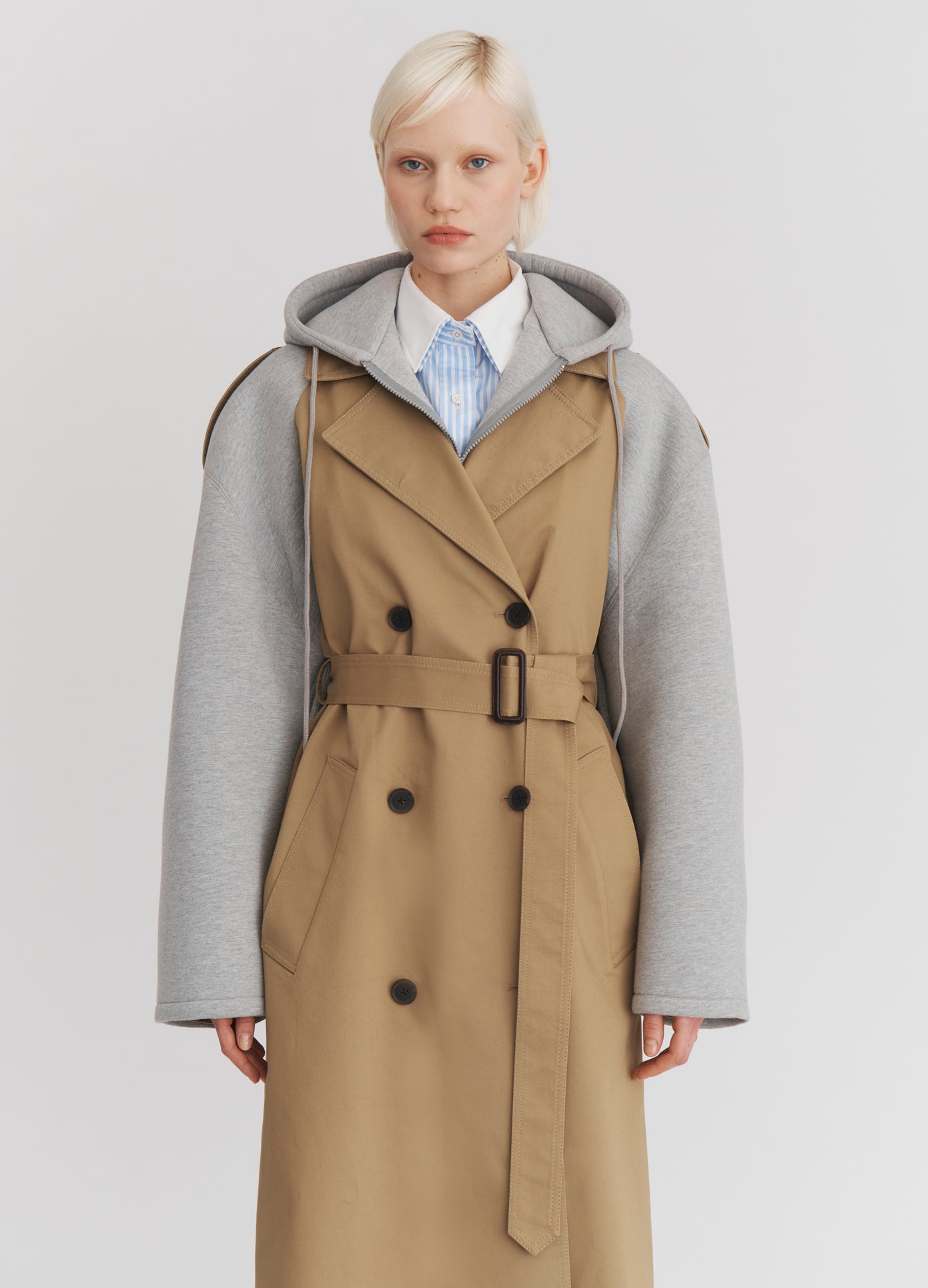 MONSE Deconstructed Combo Trench Coat in Khaki on model front view