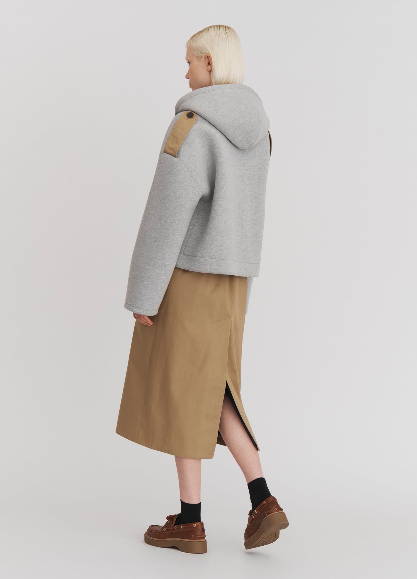 MONSE Deconstructed Combo Trench Coat in Khaki on model full back view