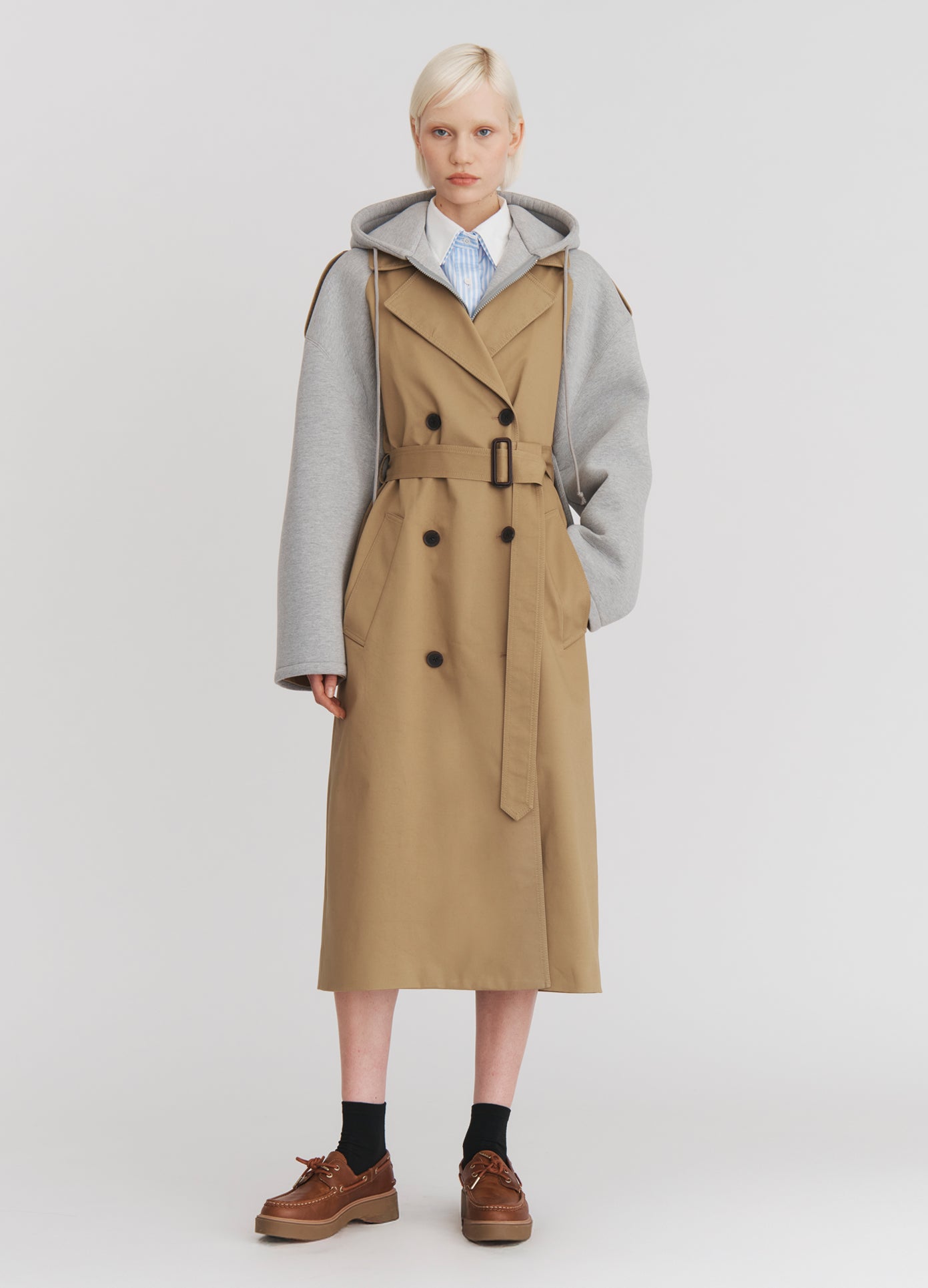 MONSE Deconstructed Combo Trench Coat in Khaki on model full front view