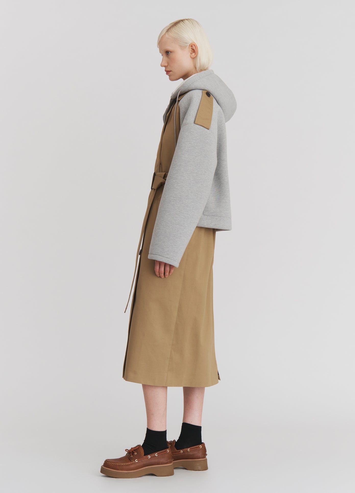 MONSE Deconstructed Combo Trench Coat in Khaki on model full side view