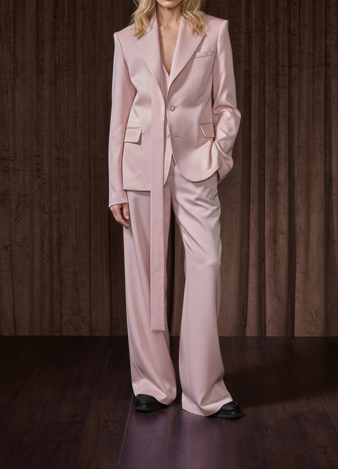 MONSE Deconstructed Lapel Jacket in soft pink on model cropped full front view