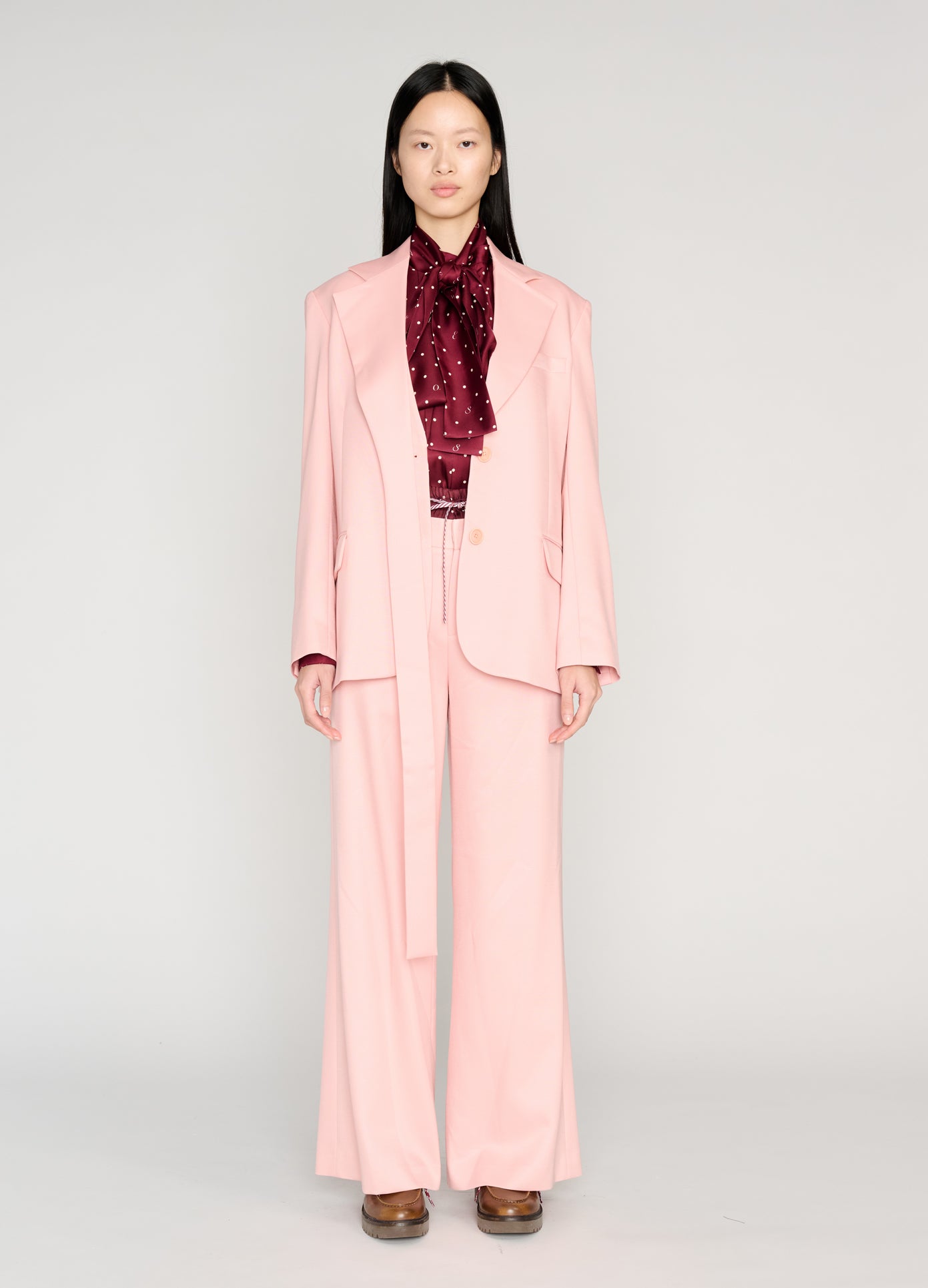 MONSE Deconstructed Lapel Jacket in soft pink on model full front view