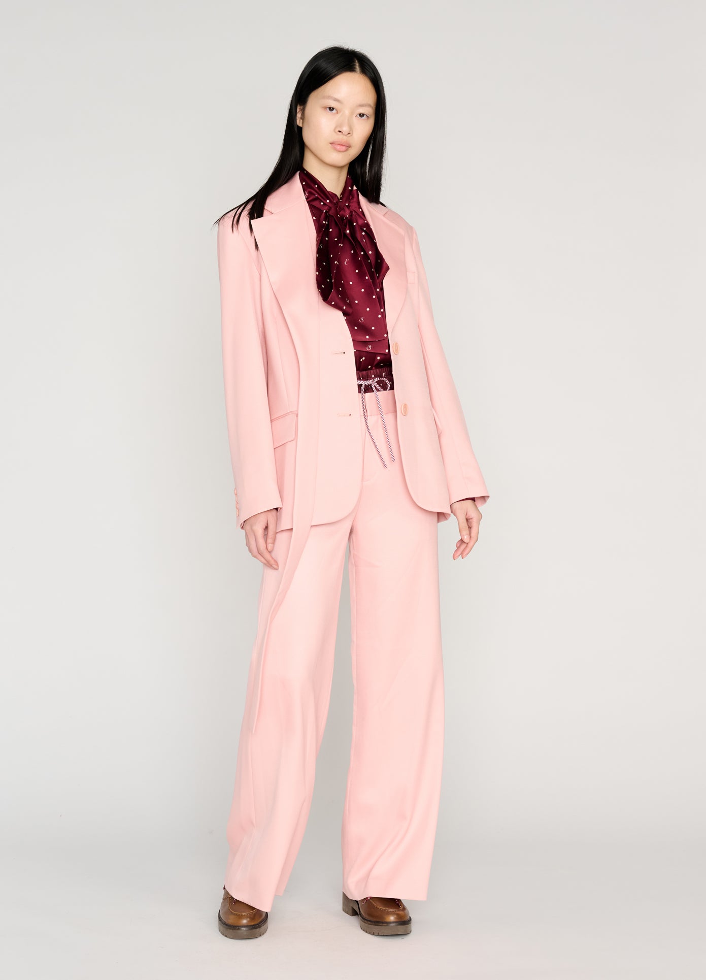 MONSE Deconstructed Lapel Jacket in soft pink on model style full front view