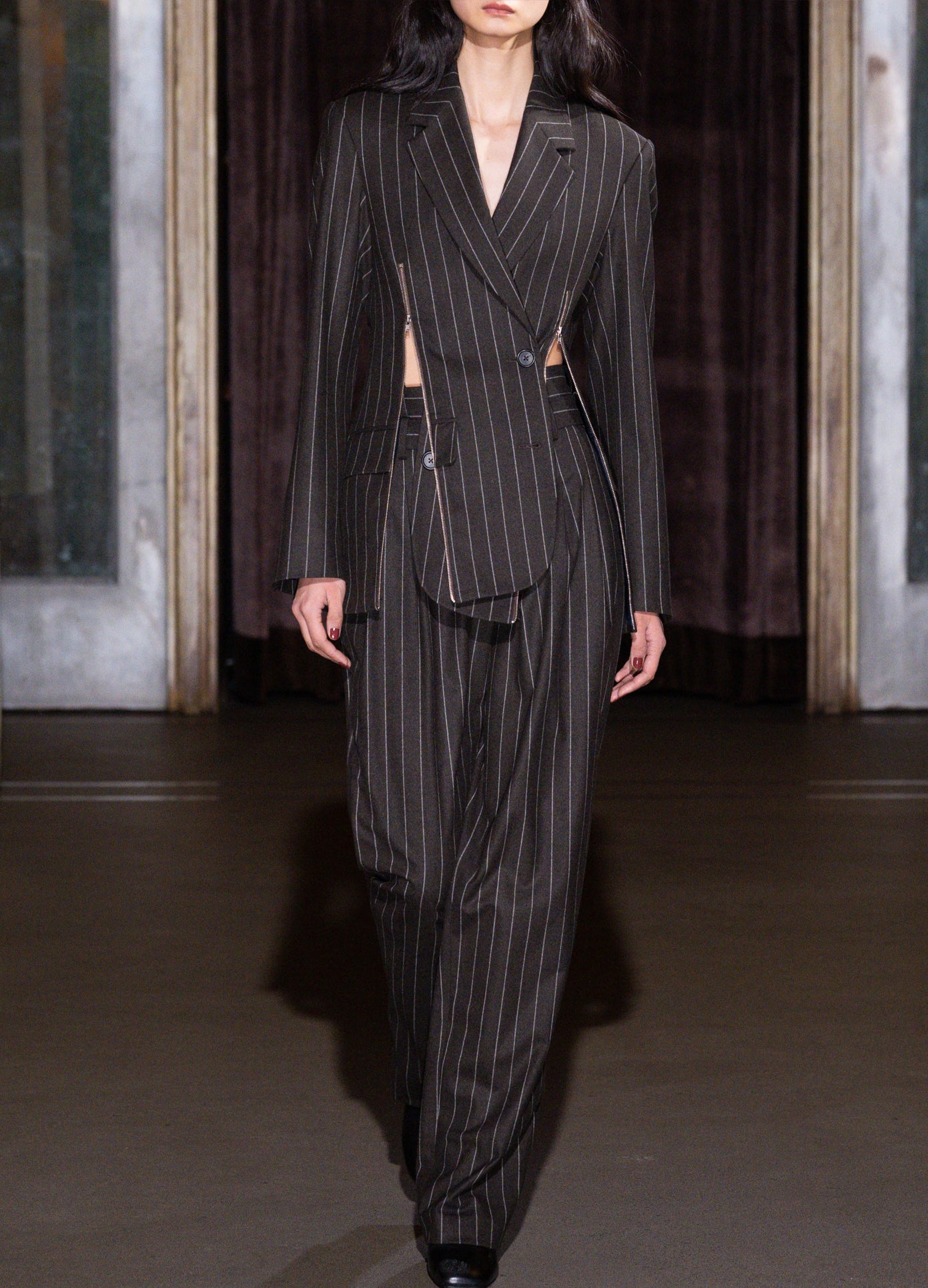 MONSE Deconstructed Lapel Tailored Jacket in brown on model walking runway