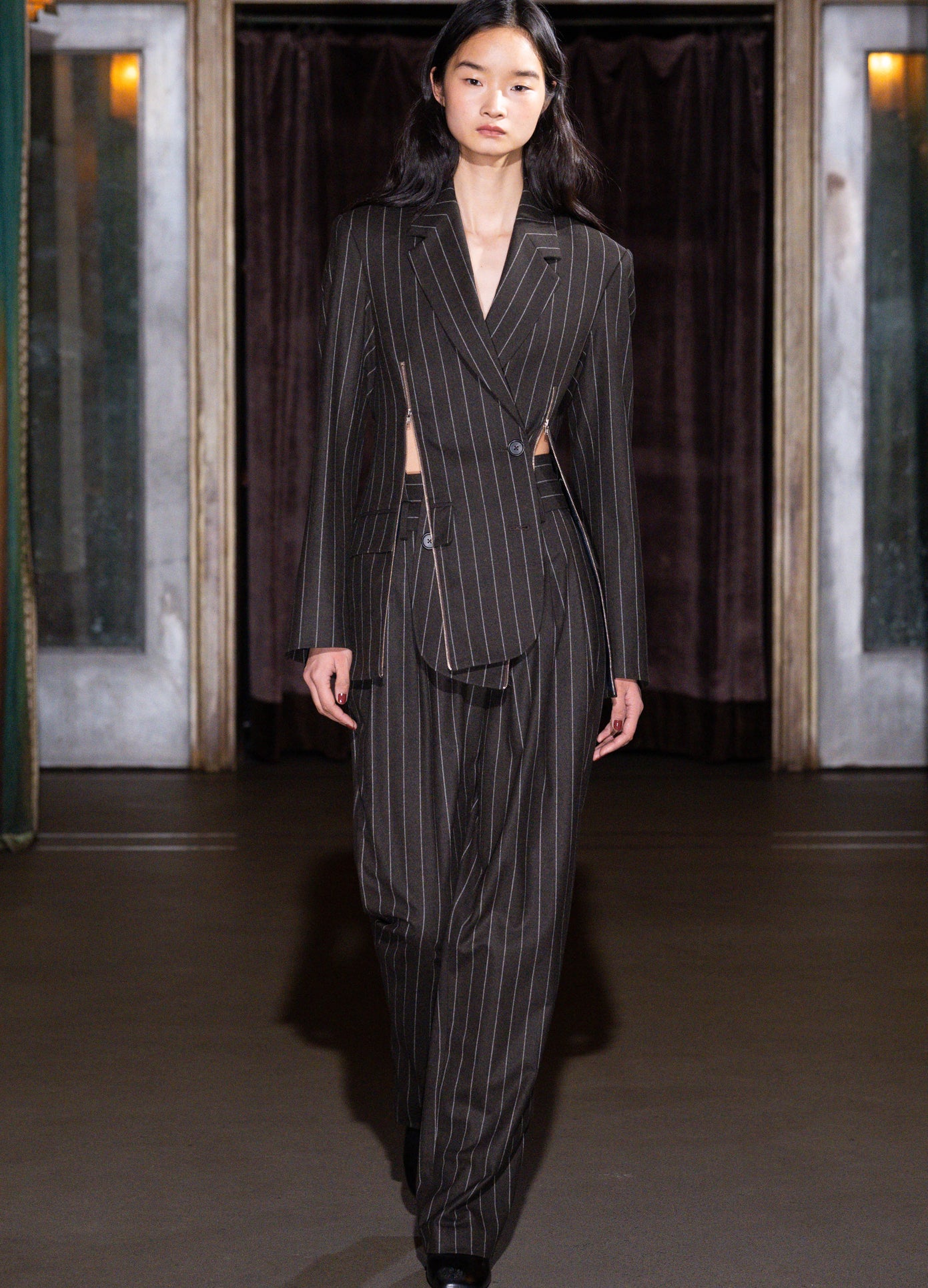 MONSE Deconstructed Lapel Tailored Jacket in brown on runway model walking show full front view