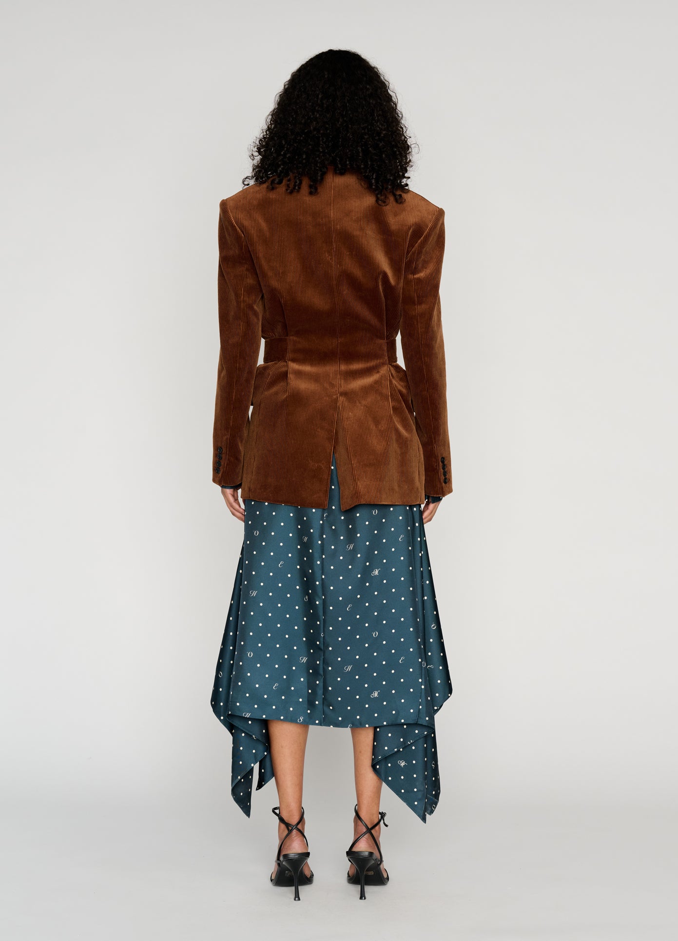 MONSE Deconstructed Lapel Tailored Jacket in brown velvet on model full back view