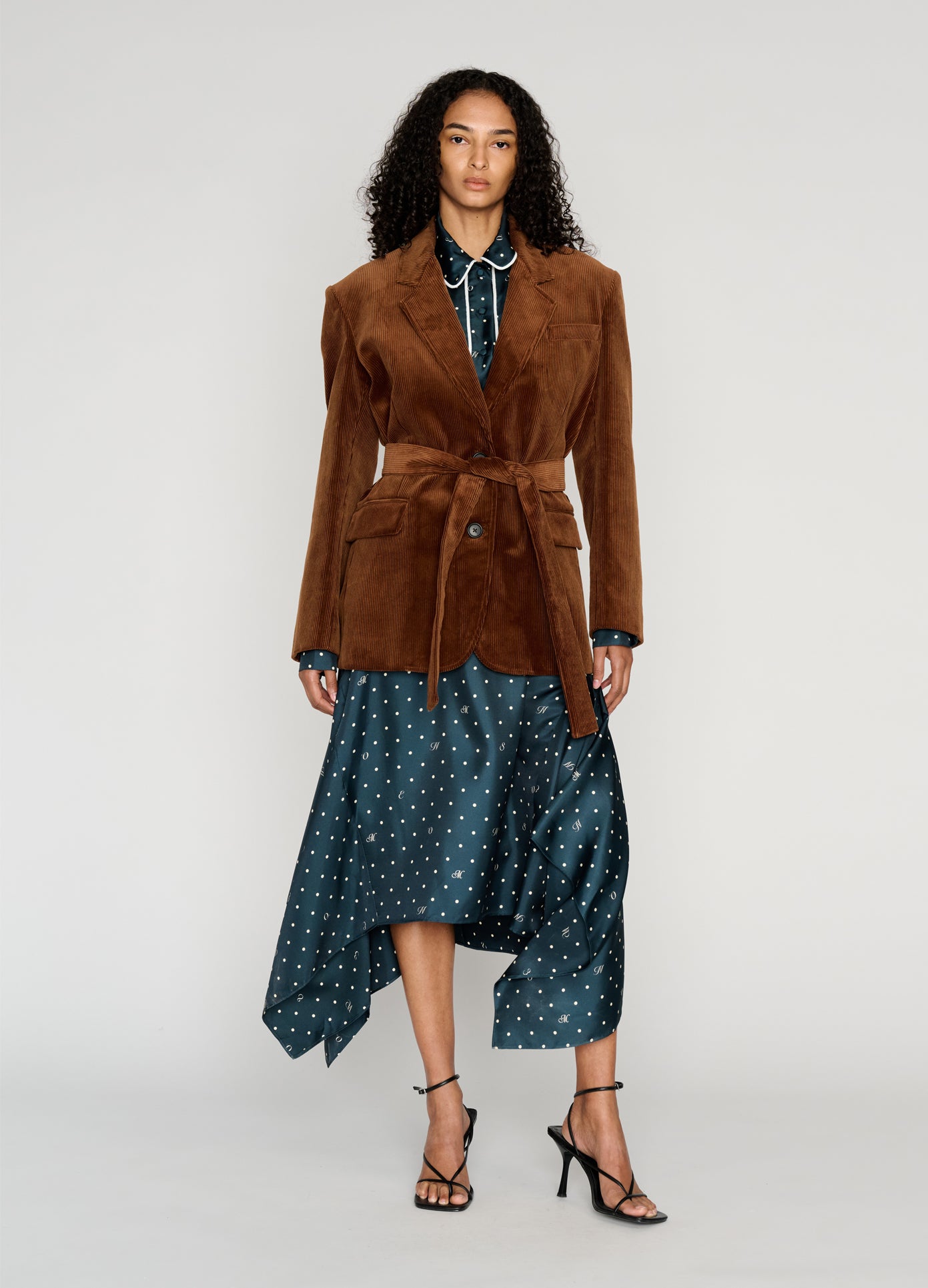 MONSE Deconstructed Lapel Tailored Jacket in brown velvet on model style full front view
