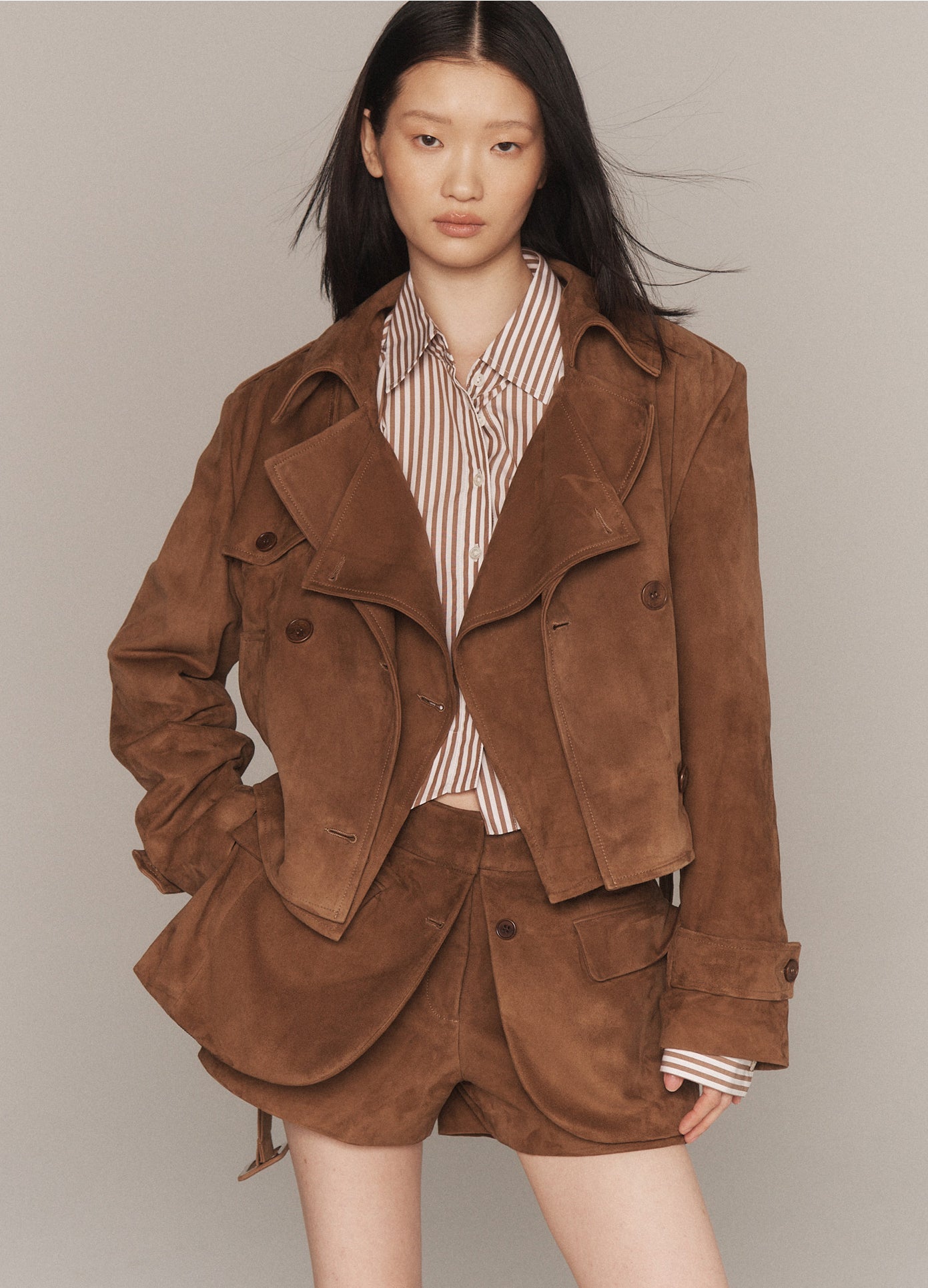 MONSE Deconstructed Leather Shorts in tan on model lookbook image