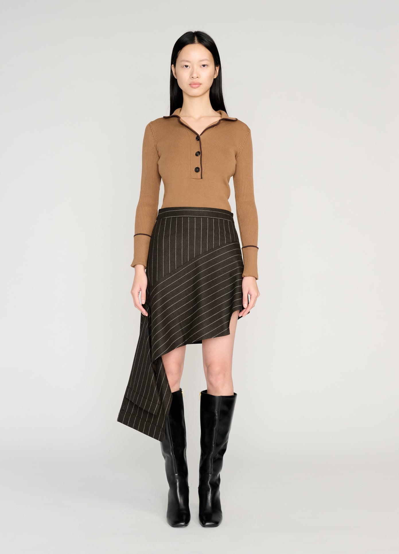 MONSE Deconstructed Pajamas Skirt in brown on model full front view