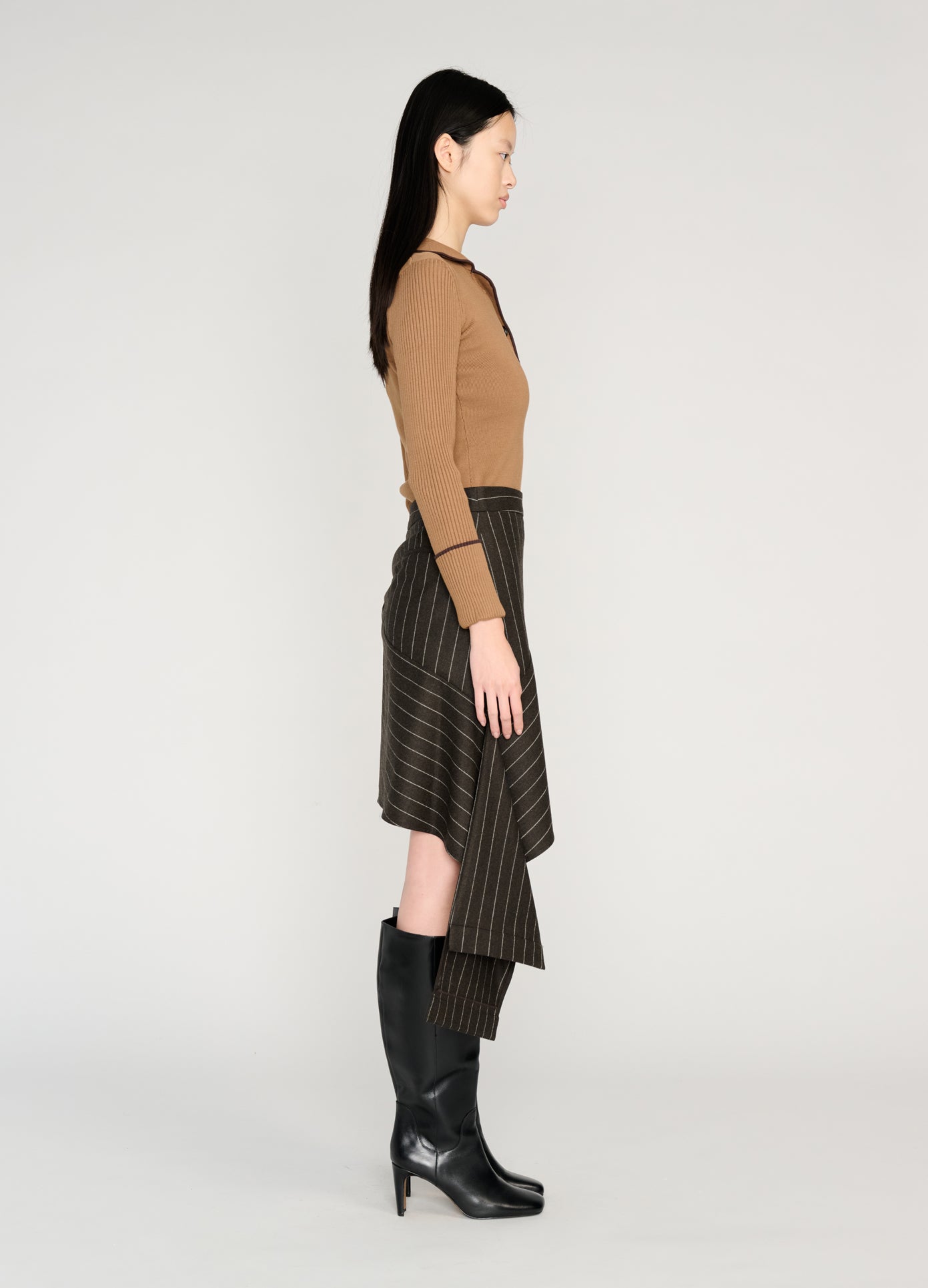 MONSE Deconstructed Pajamas Skirt in brown on model full side view