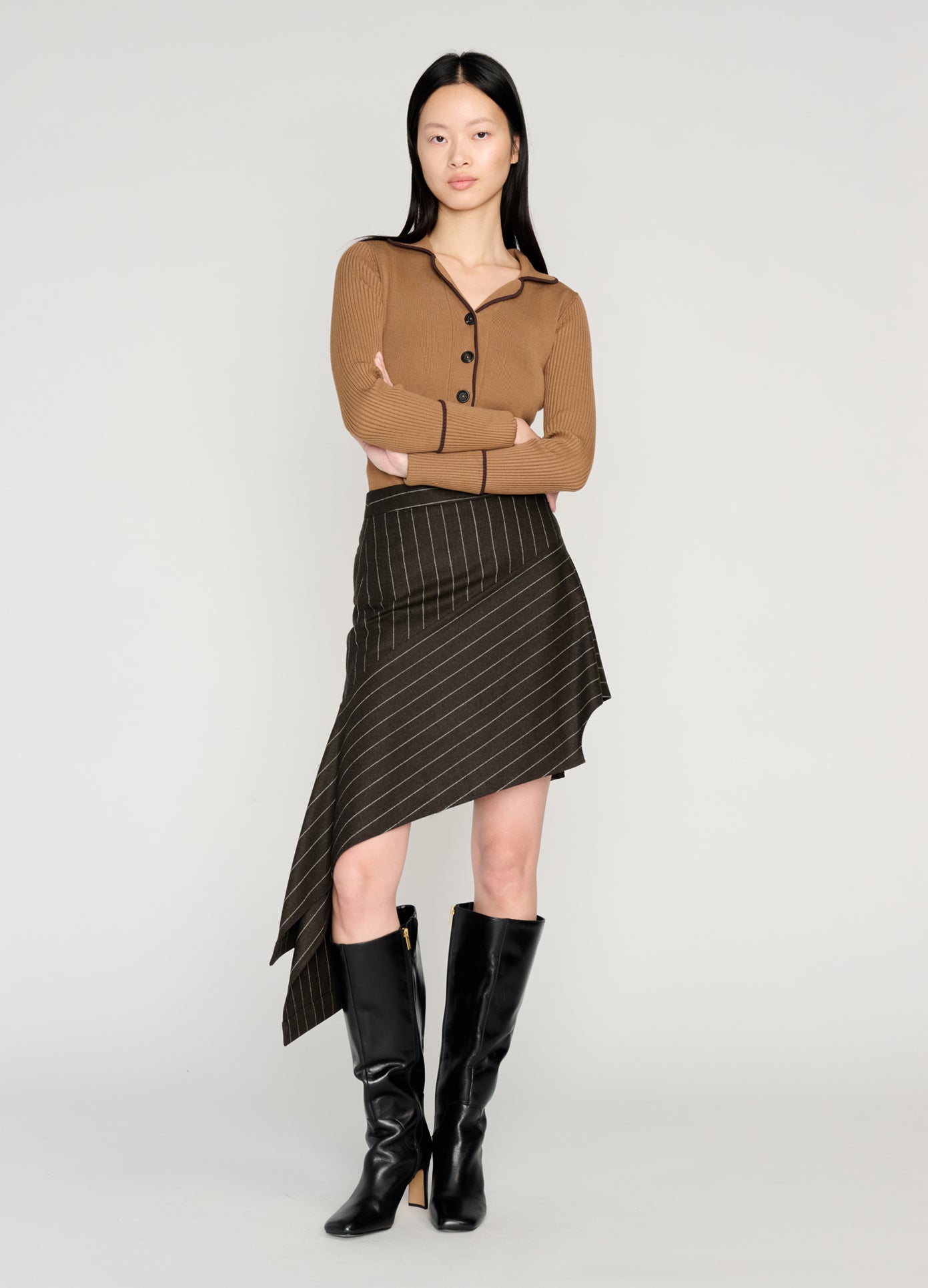 MONSE Deconstructed Pajamas Skirt in brown on model style full front view