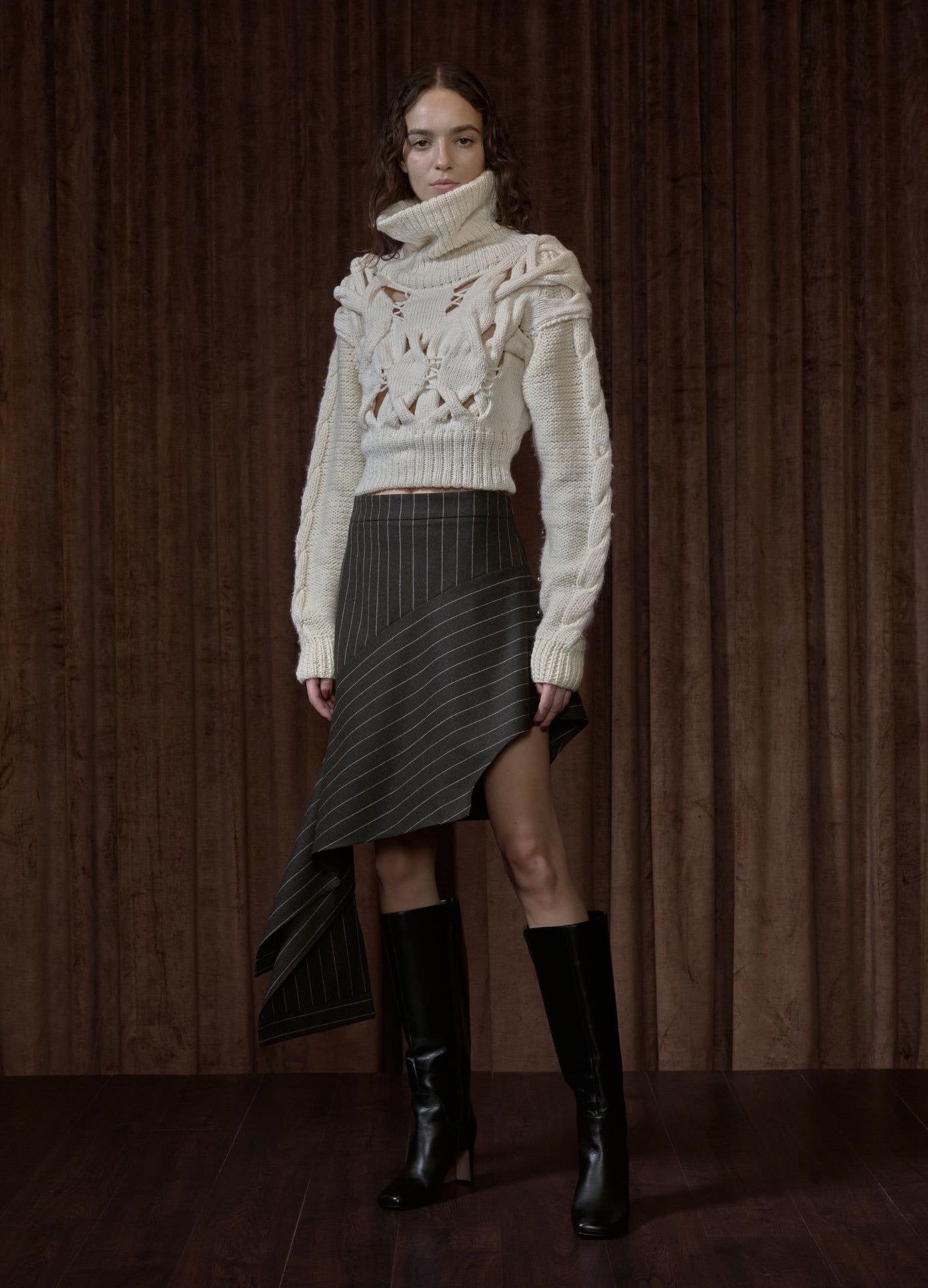 MONSE Deconstructed Pajamas Skirt in brown on runway model full front view