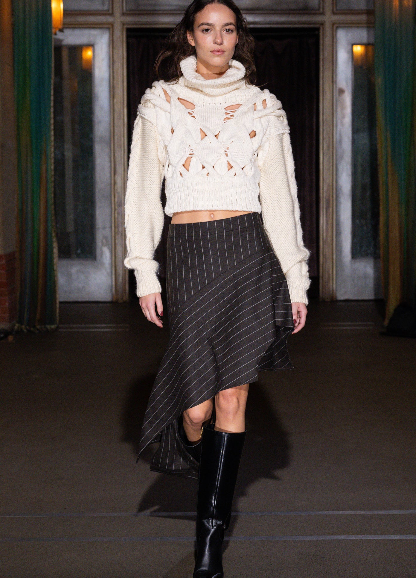 MONSE Deconstructed Pajamas Skirt in brown on runway model walking show full front view
