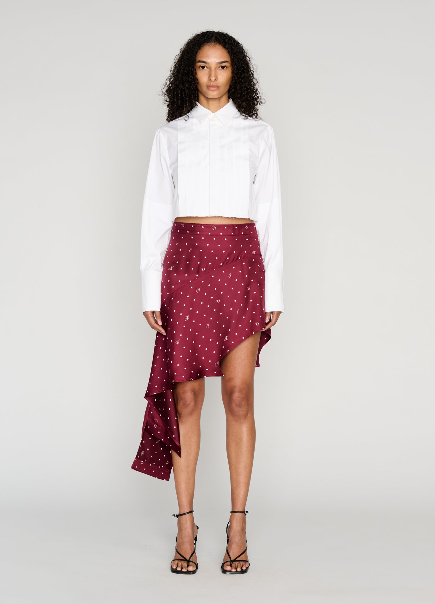 MONSE Deconstructed Pajamas Skirt in burgundy on model full front view