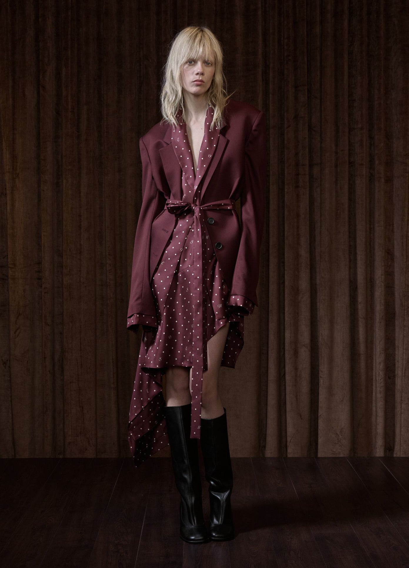MONSE Deconstructed Pajamas Skirt in burgundy on runway model alternate front view