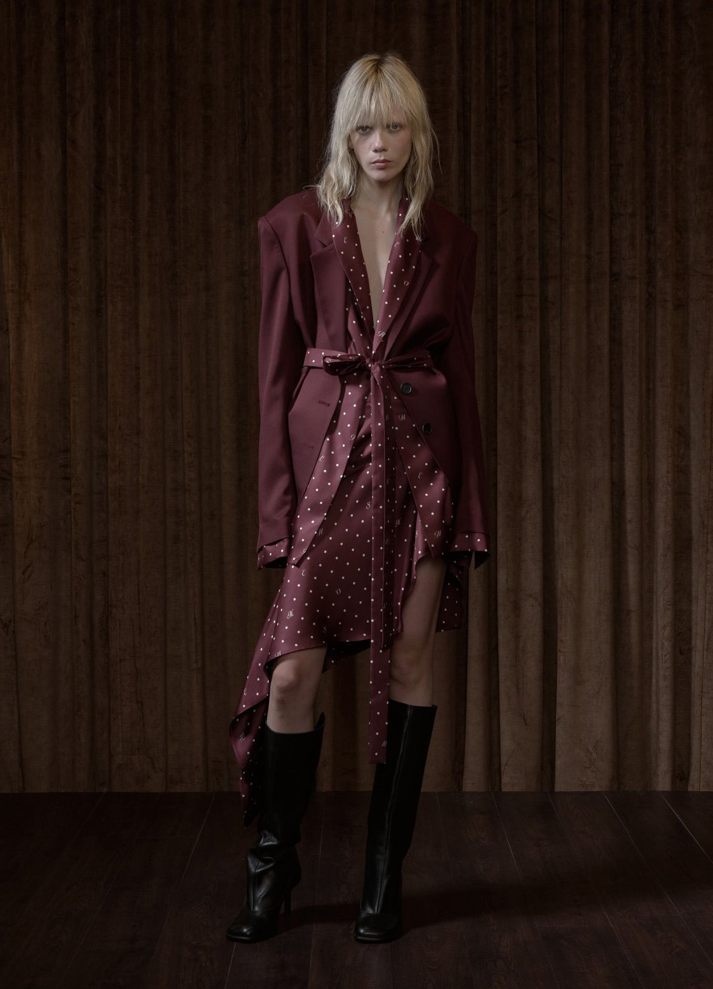 MONSE Deconstructed Pajamas Skirt in burgundy on runway model full front view
