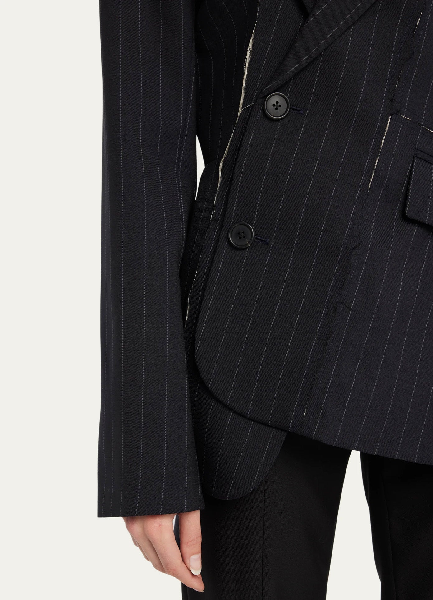 MONSE Deconstructed Slashed Jacket in Pinstripe Midnight front detail view