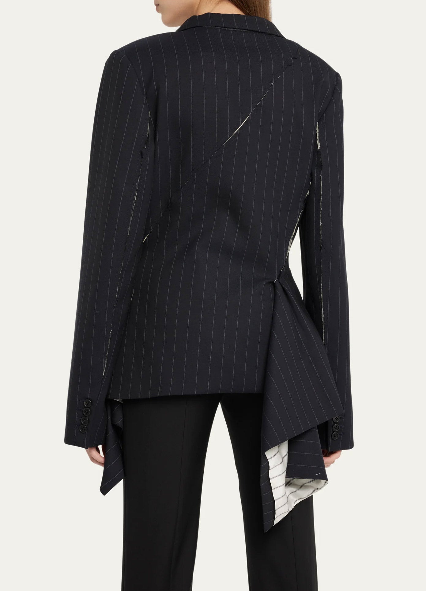 MONSE Deconstructed Slashed Jacket in Pinstripe Midnight on model back view