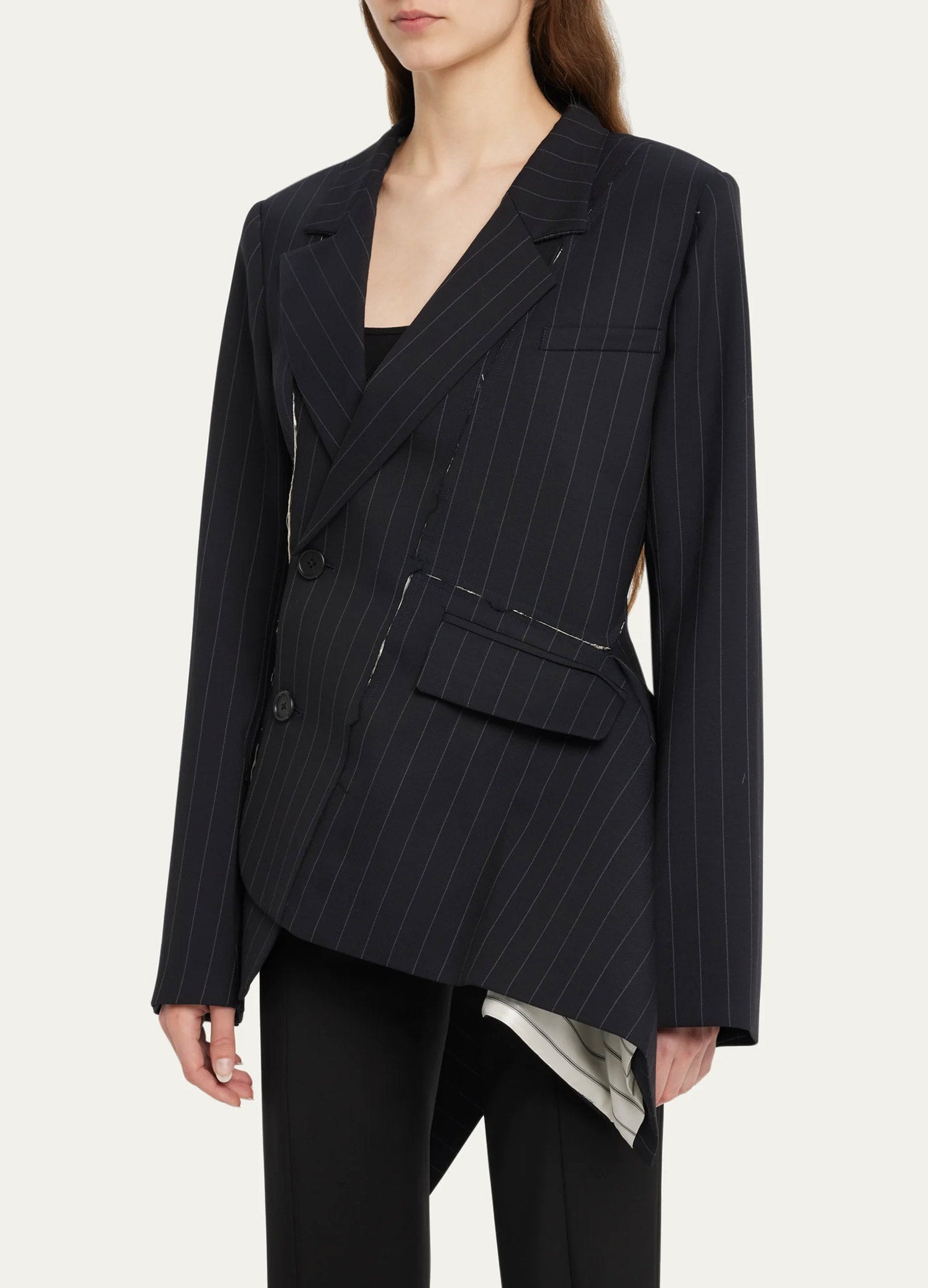 MONSE Deconstructed Slashed Jacket in Pinstripe Midnight on model side view