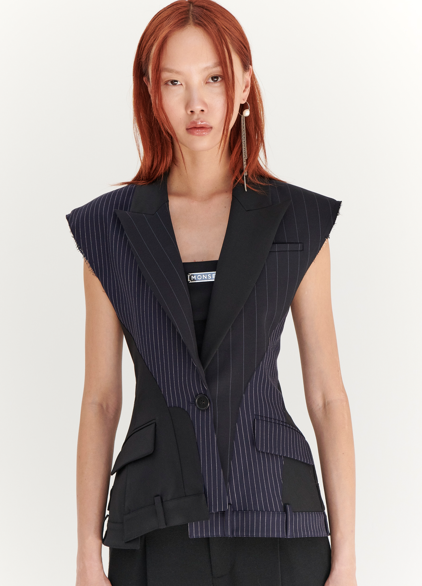 MONSE Deconstructed Sleeveless Jacket in Midnight on model front view