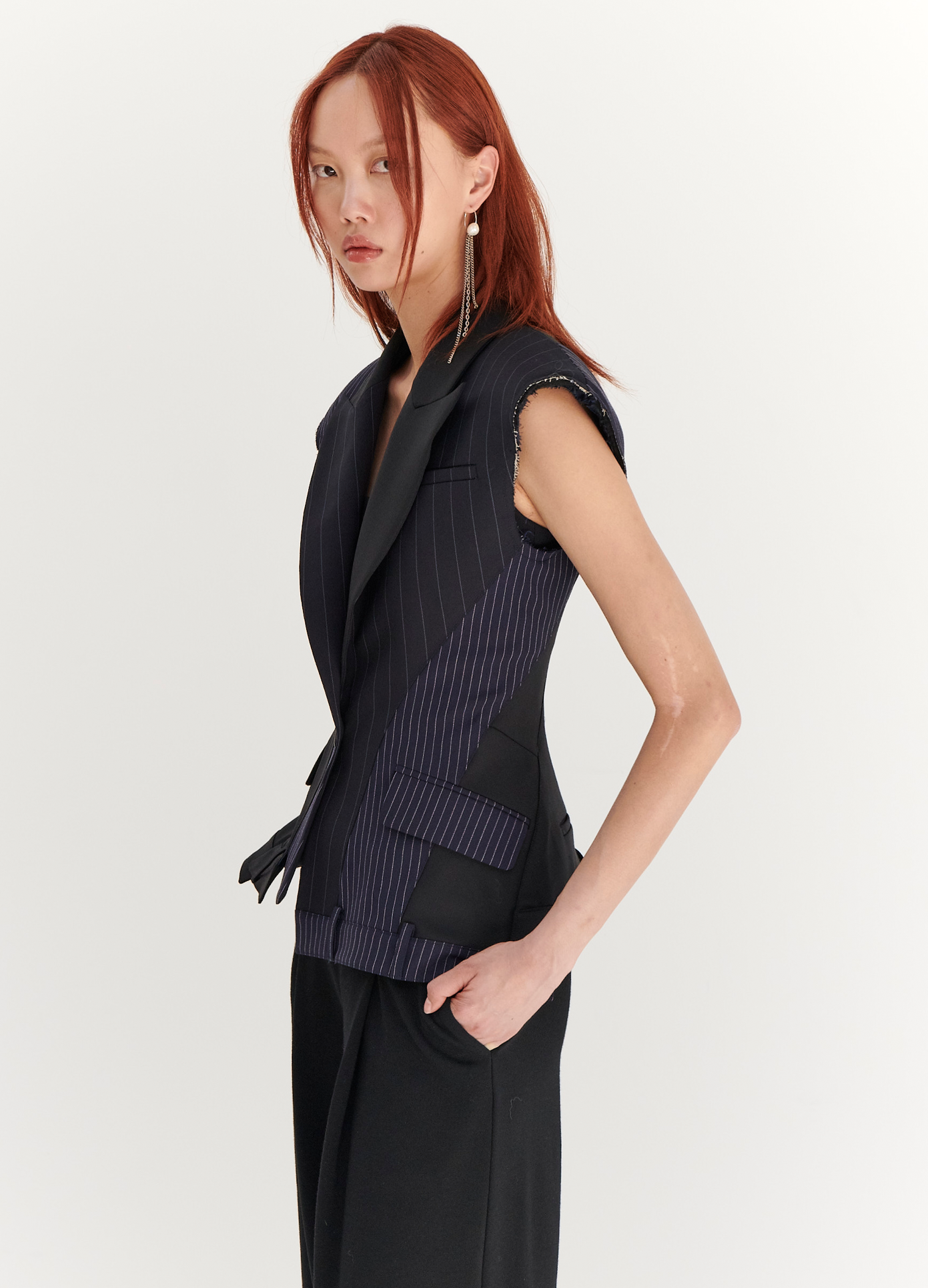 MONSE Deconstructed Sleeveless Jacket in Midnight on model side view