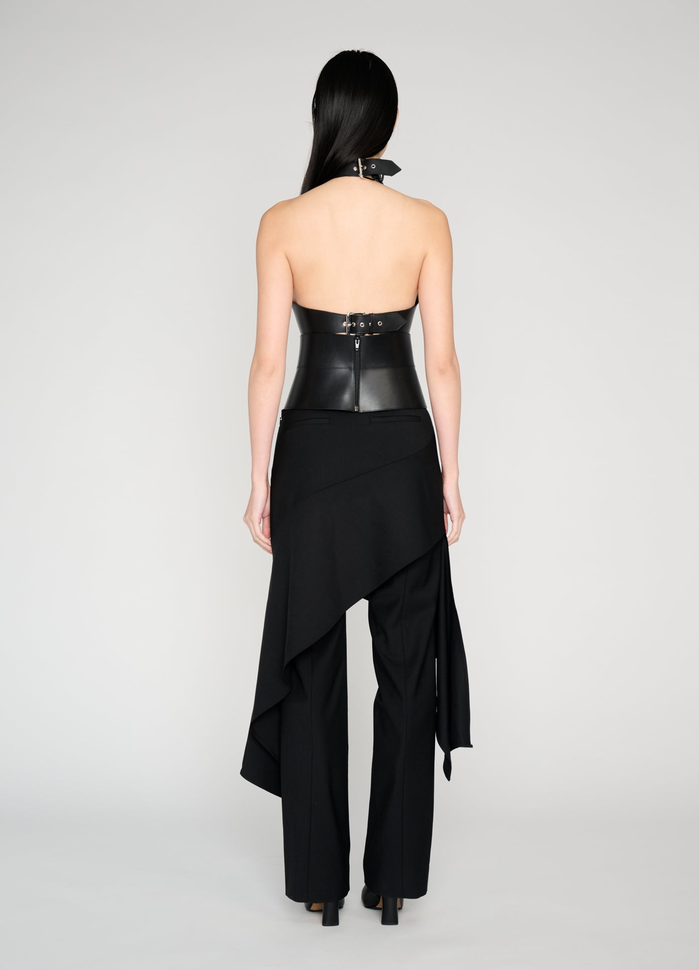 MONSE Deconstructed Tailored Skirt Trousers in black on model full back view