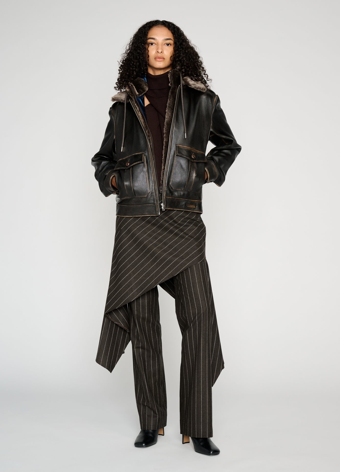 MONSE Deconstructed Tailored Skirt Trousers in brown on model style full front view