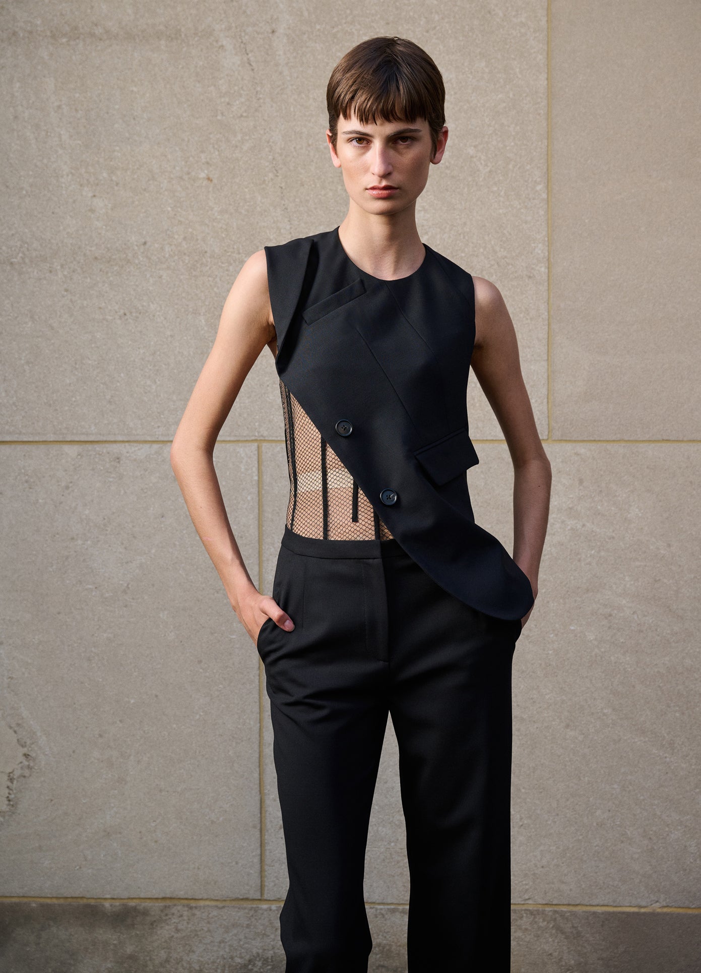 MONSE Deconstructed Tailored Top in Black on model editorial image