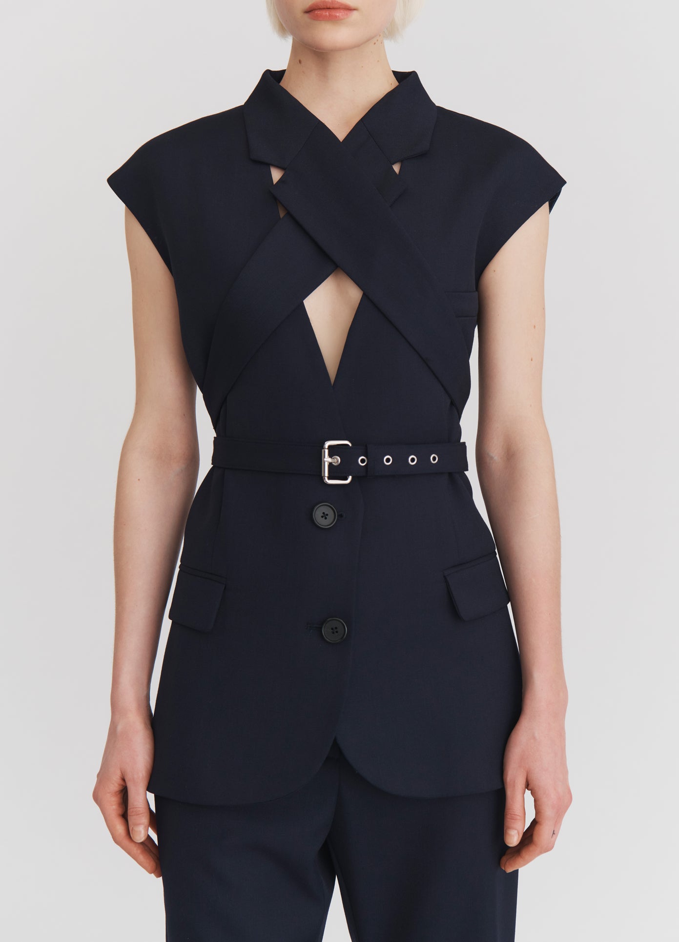 MONSE Deconstructed Tuxedo Trousers in Midnight on model front view