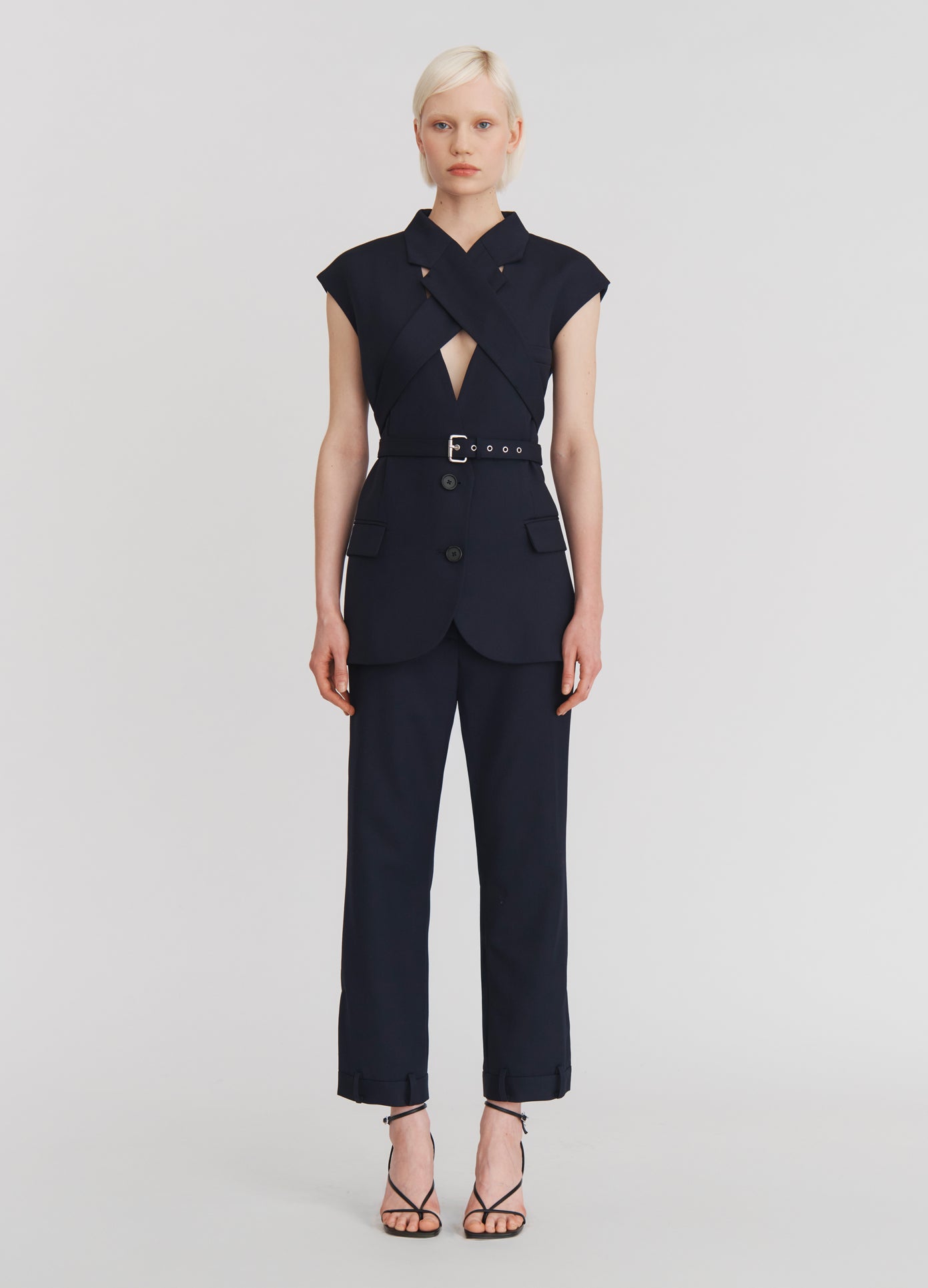 MONSE Deconstructed Tuxedo Trousers in Midnight on model full front view