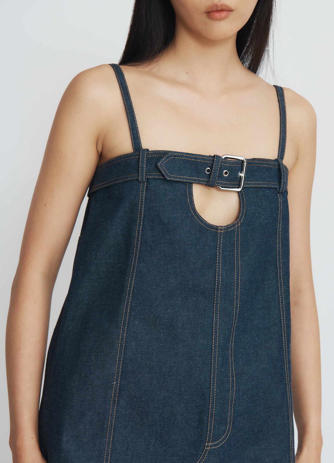 MONSE Denim Boxy Dress in indigo denim on model front detail view