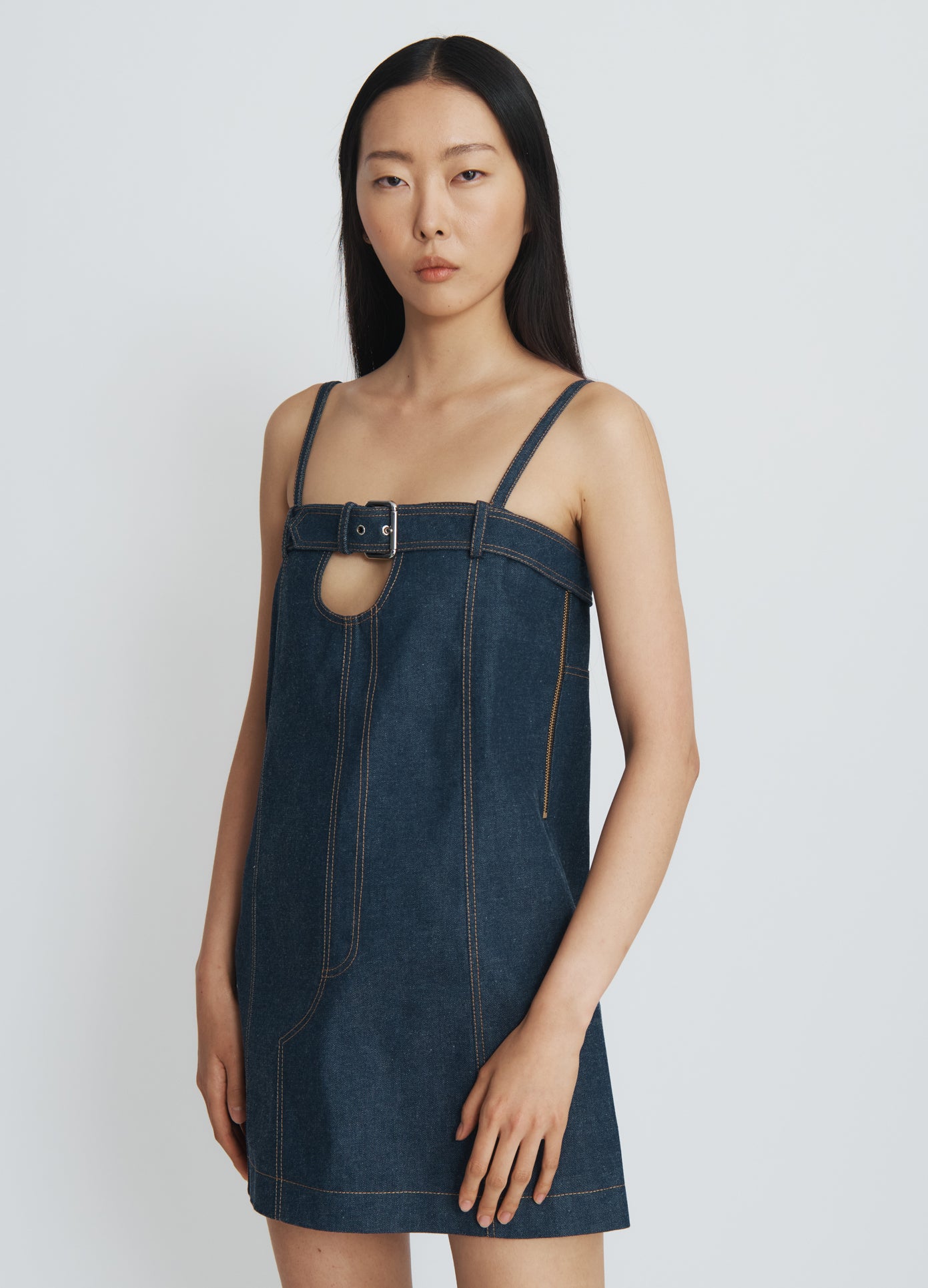 MONSE Denim Boxy Dress in indigo denim on model front view