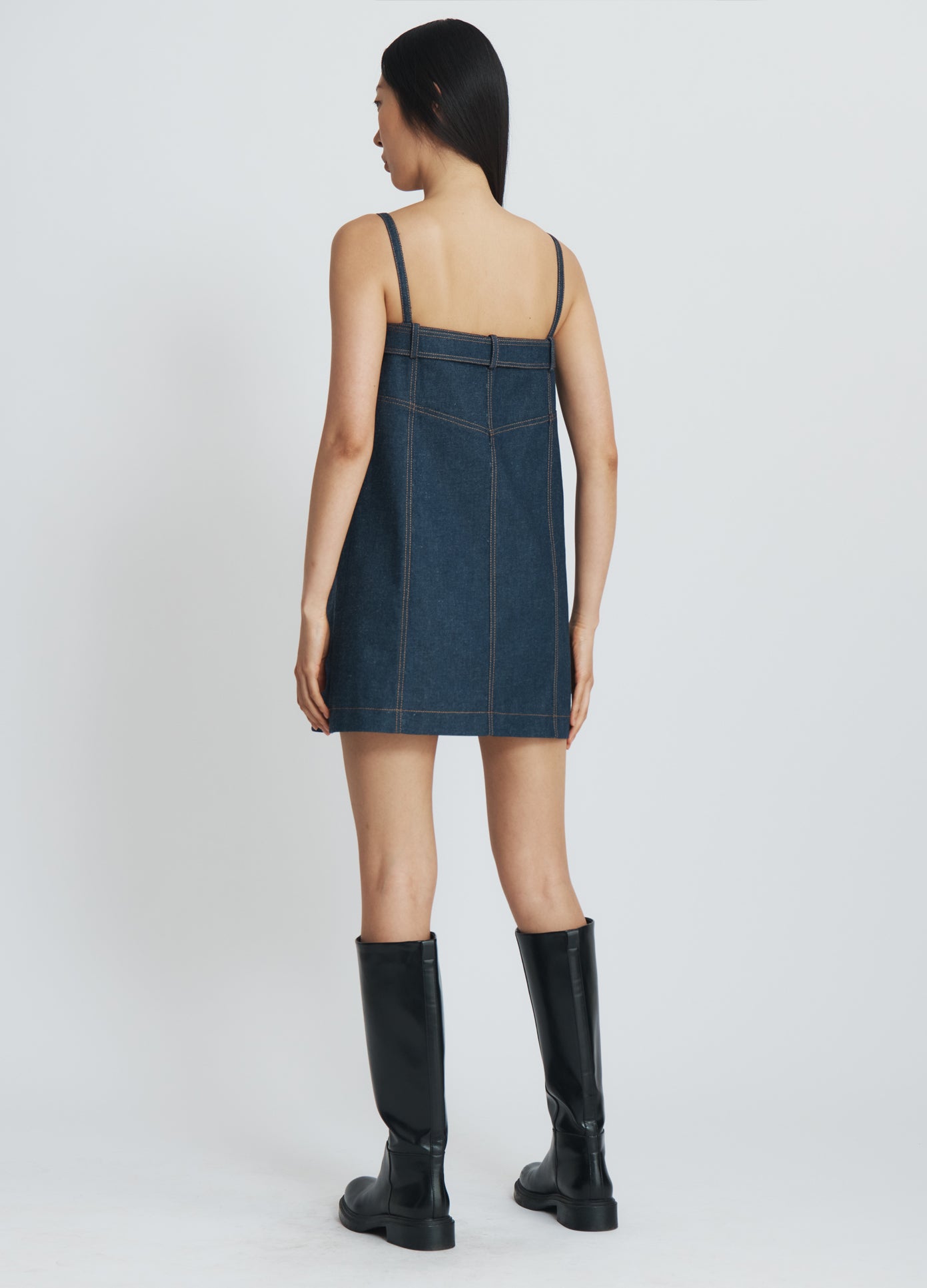 MONSE Denim Boxy Dress in indigo denim on model full back view