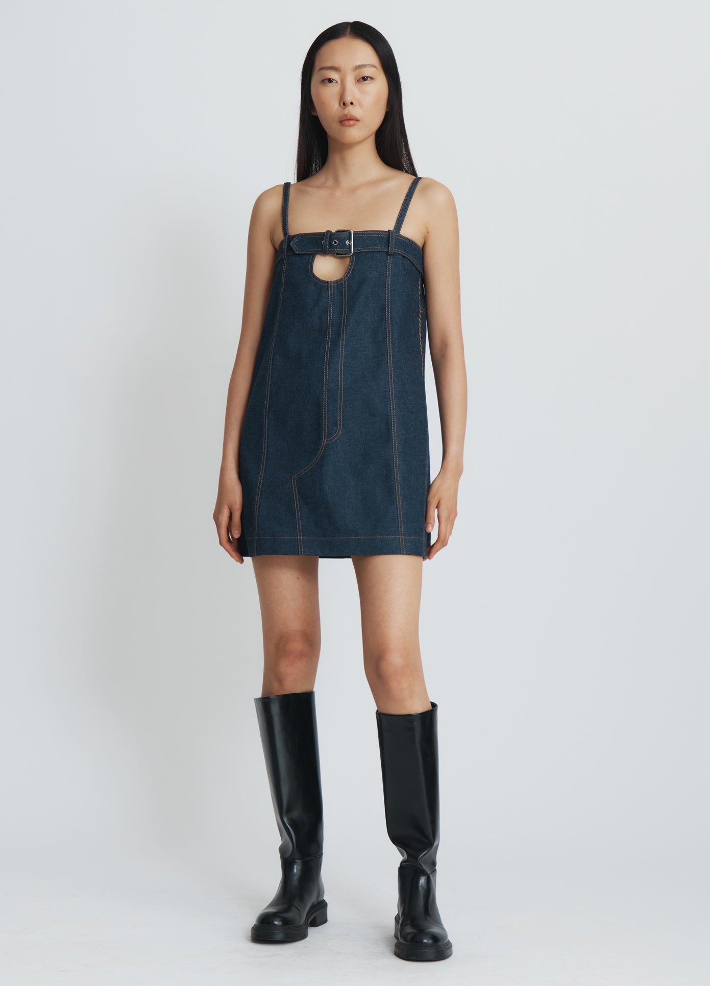 MONSE Denim Boxy Dress in indigo denim on model full front view