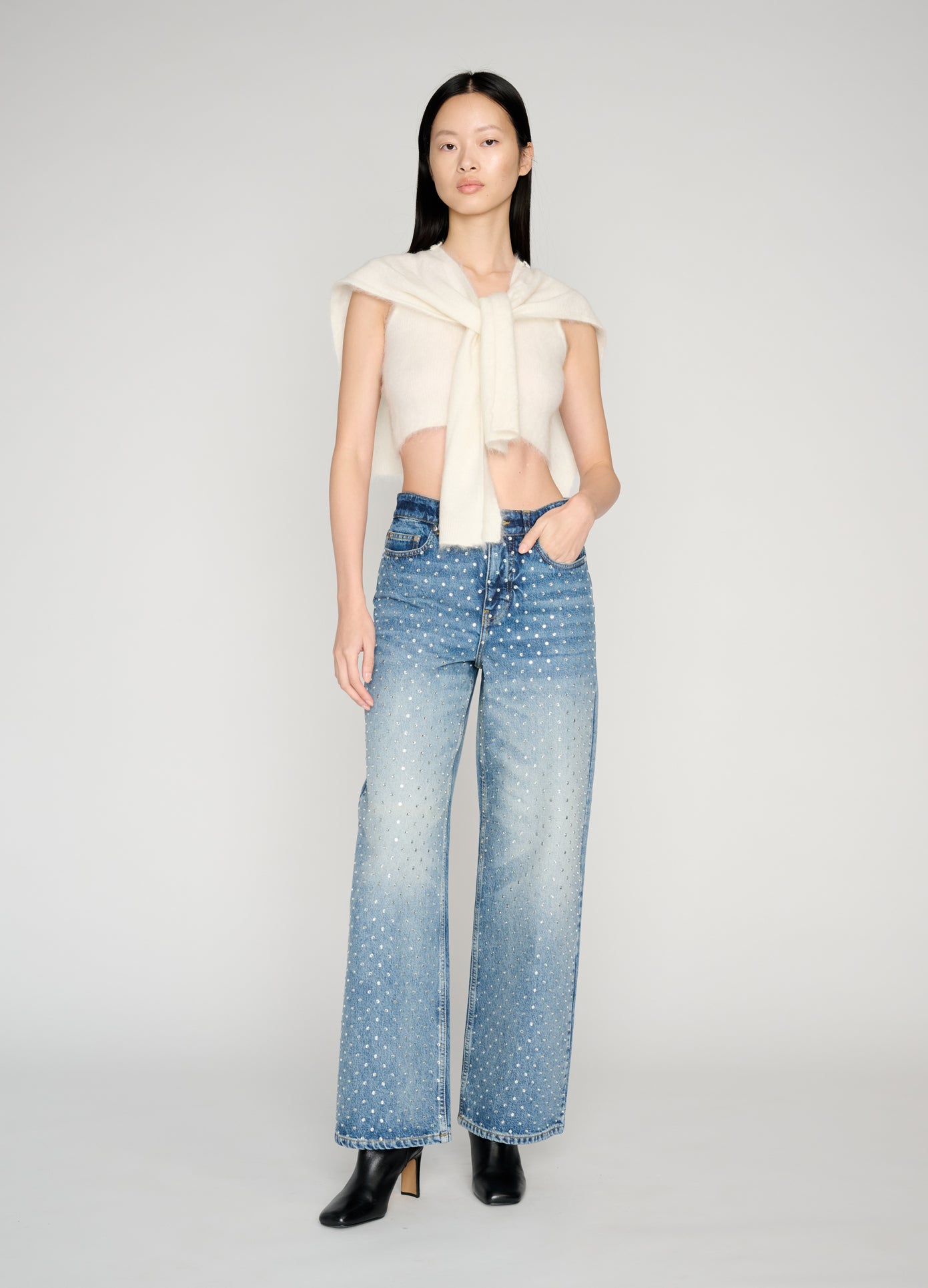 MONSE Denim Jean With Crystal Studs in indigo on model style full front view