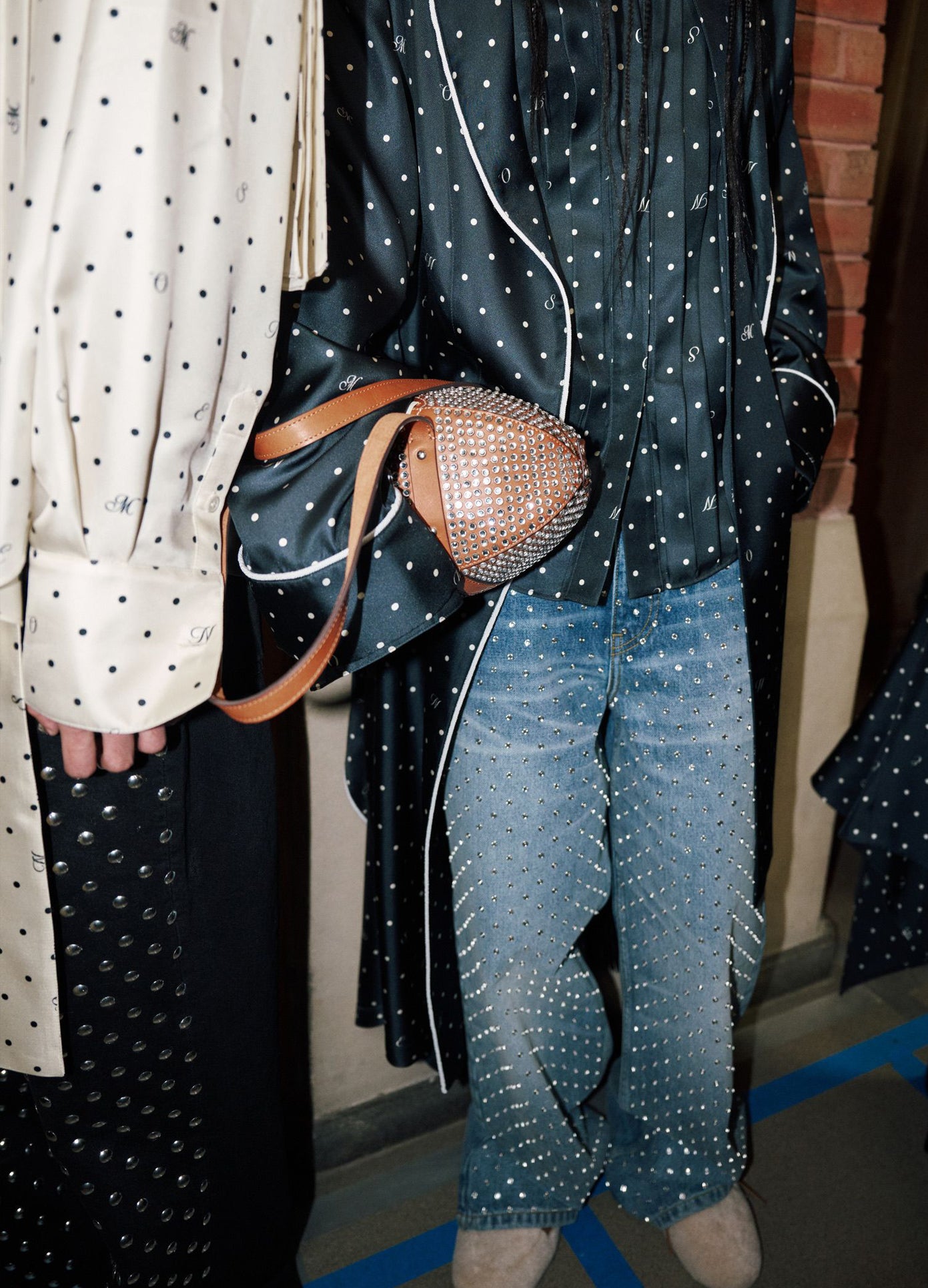 MONSE Denim Jean With Crystal Studs in indigo on runway model front jean view