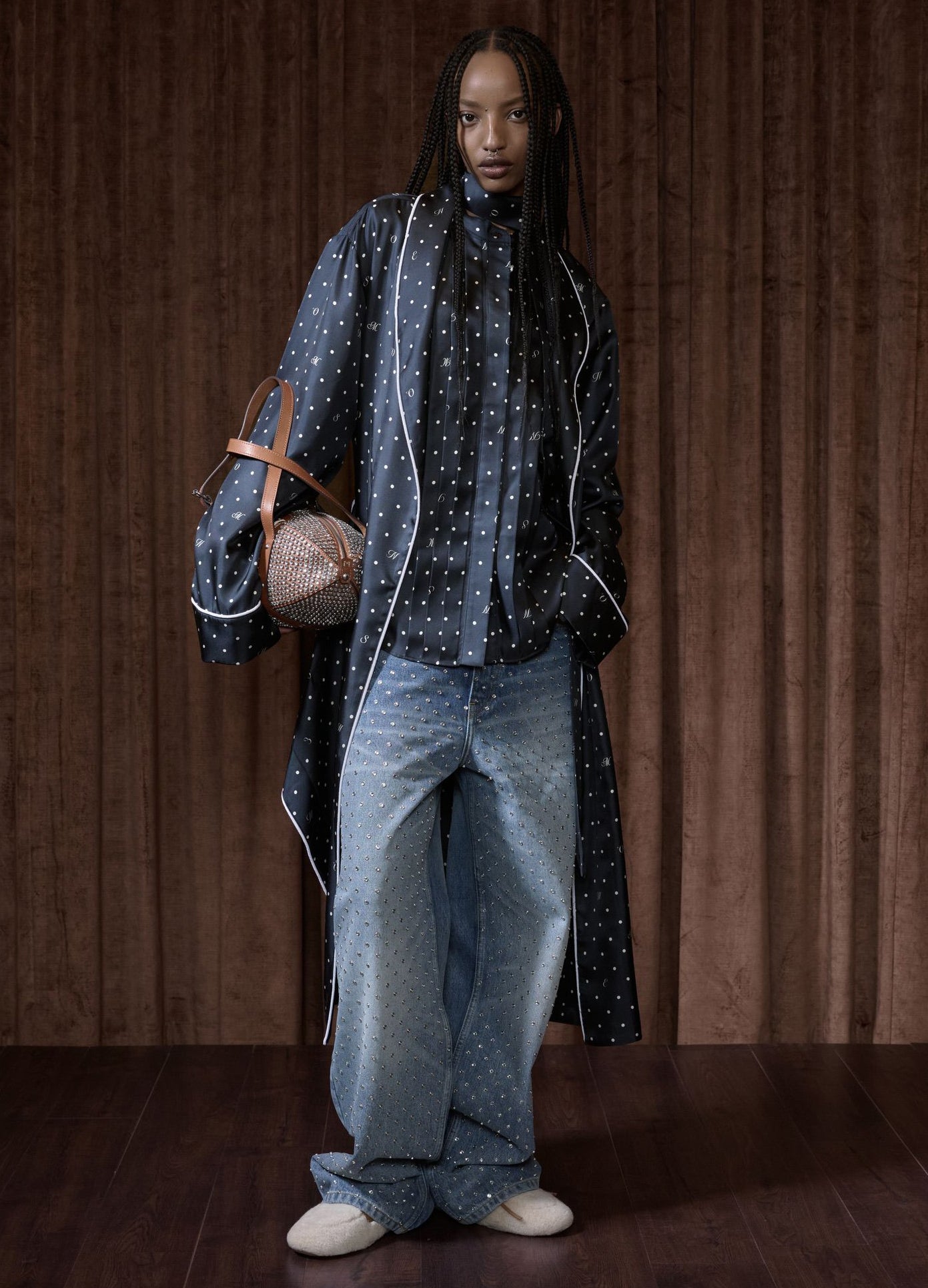MONSE Denim Jean With Crystal Studs in indigo on runway model full front view