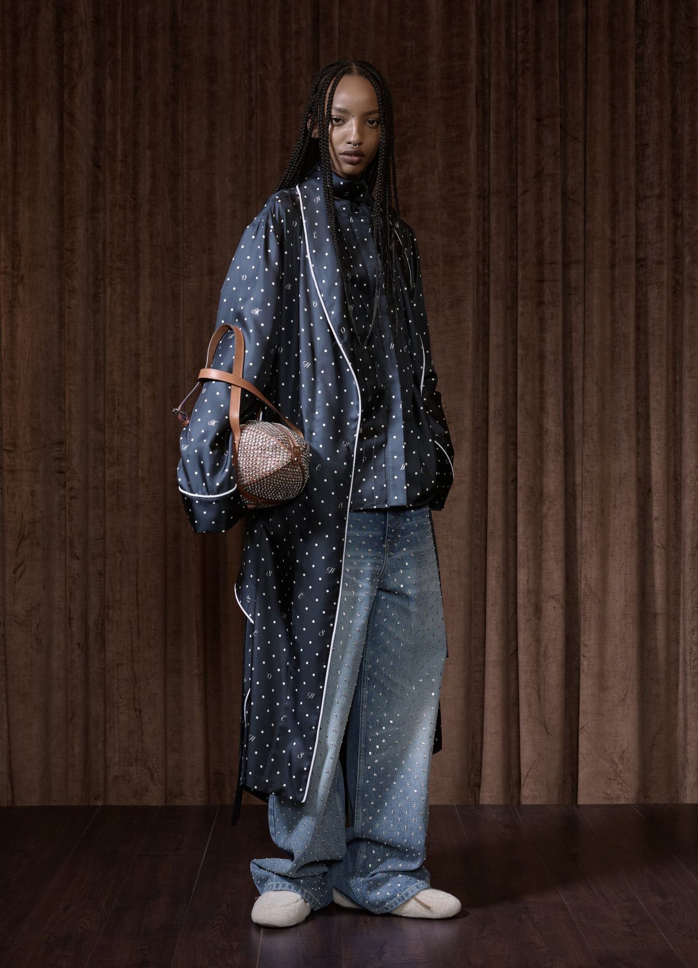 MONSE Denim Jean With Crystal Studs in indigo on runway model on stage