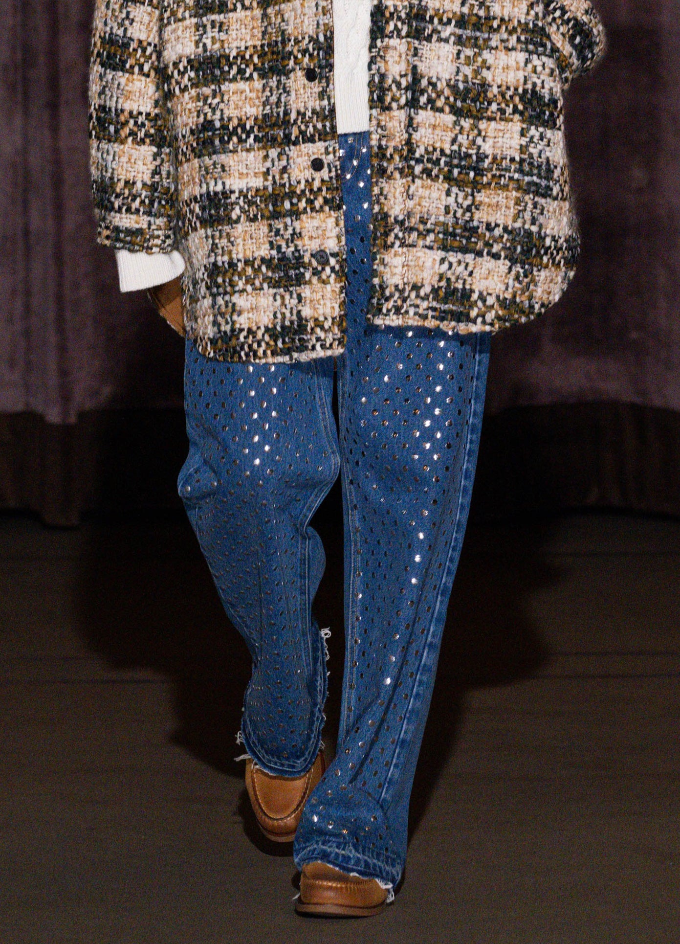 MONSE Denim Jean With Crystal Studs in indigo on runway model walking show front jean view