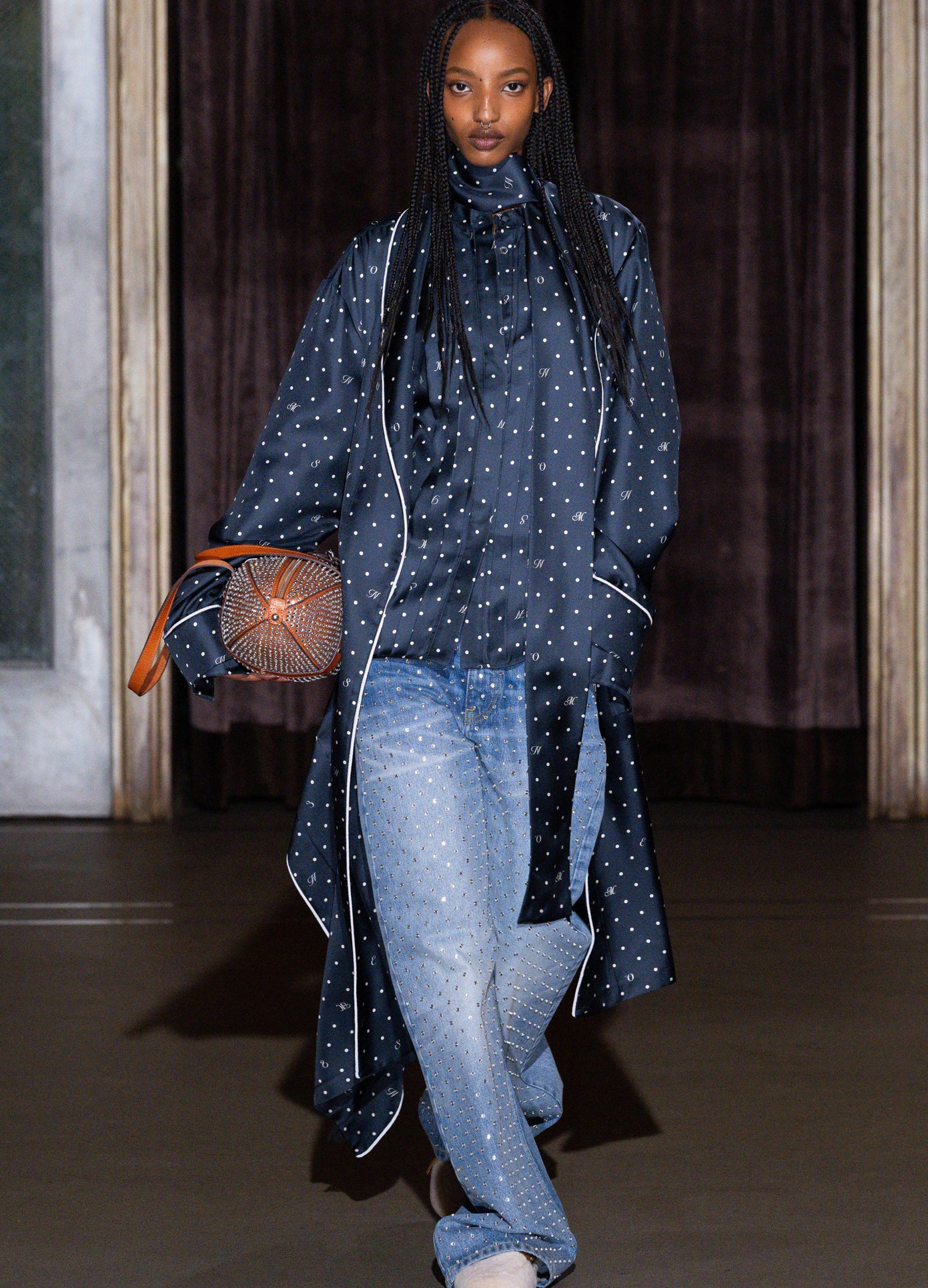 MONSE Denim Jean With Crystal Studs in indigo on runway model walking show full front view