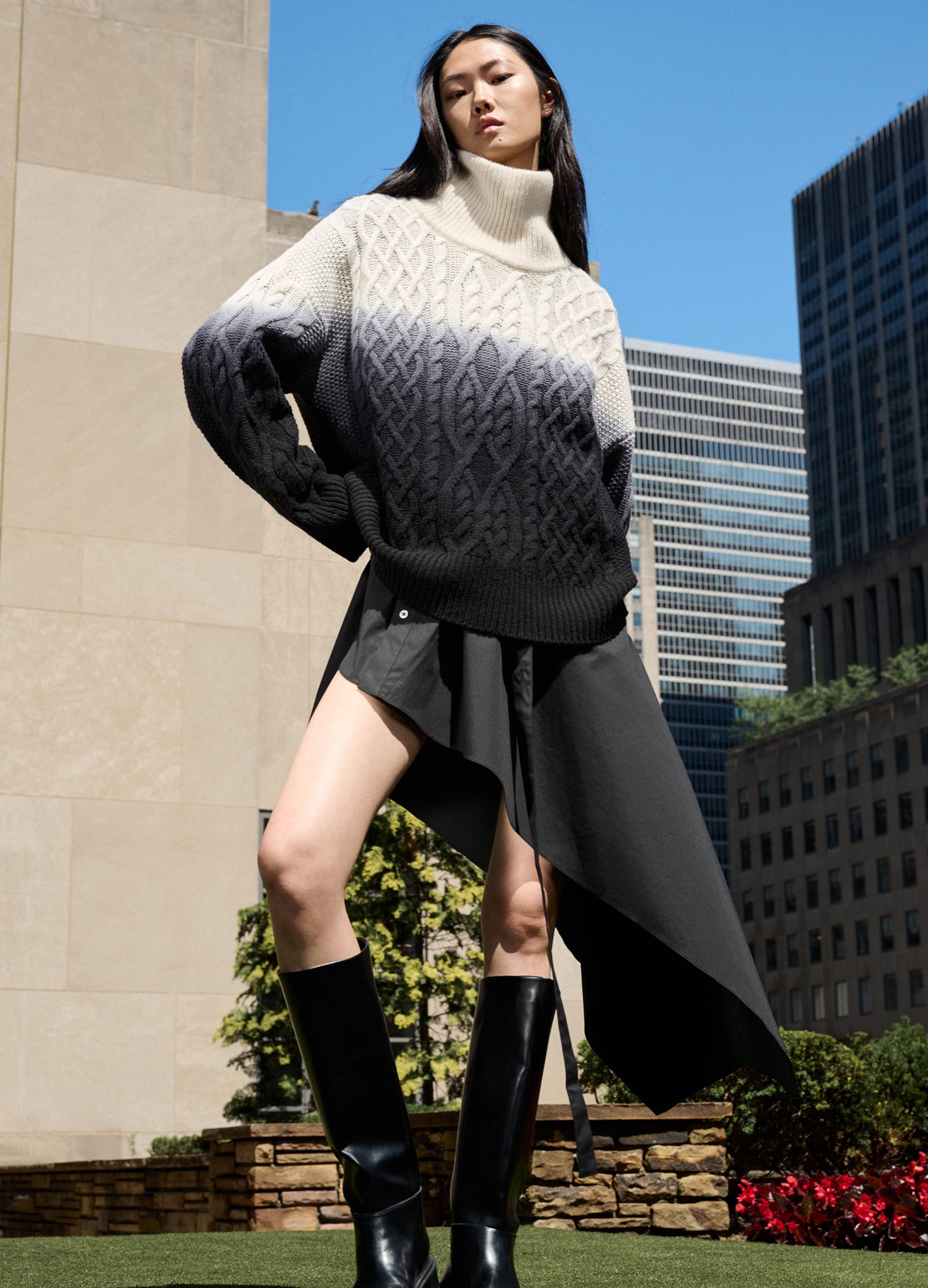 MONSE Dip Dyed Turtleneck Sweater in Black Ombré on model editorial image