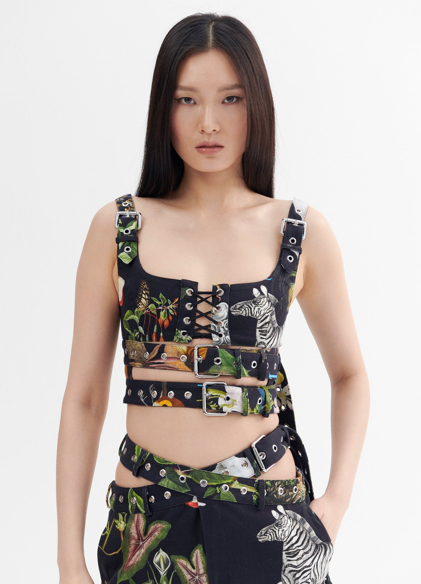 MONSE Double Belted Print Bra Top in Black Multi on Model Front Detail View